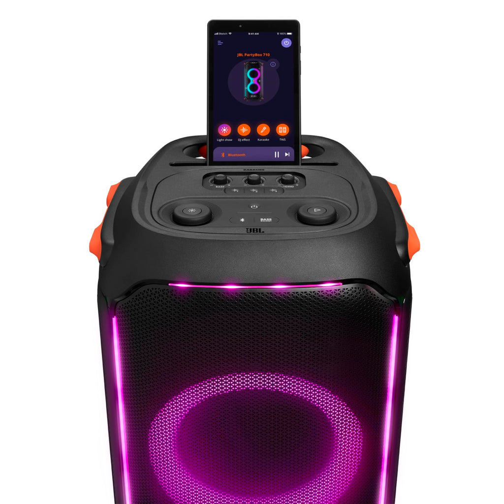 JBL PartyBox 710 -Party Speaker with Powerful Sound, Built-in Lights and Extra Deep Bass, IPX4 Splash Proof, App/Bluetooth Connectivity, Made for Everywhere a Handle Wheels (Black)