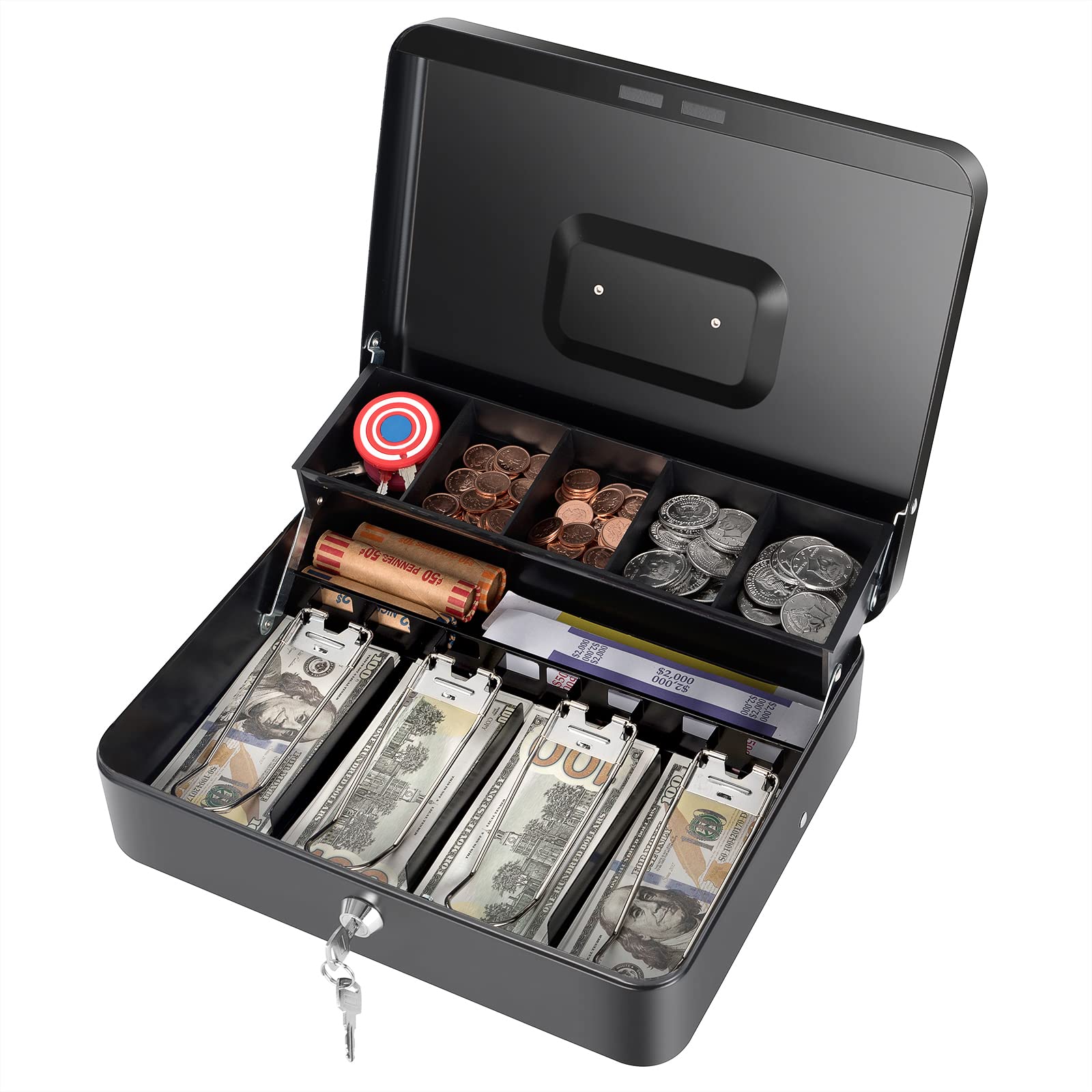 Cash Box with Money Tray and Key Lock, Saving Lock Box with Money Tray Storage for Cash Register 11.8"x9.45"x3.54" Black XL Large