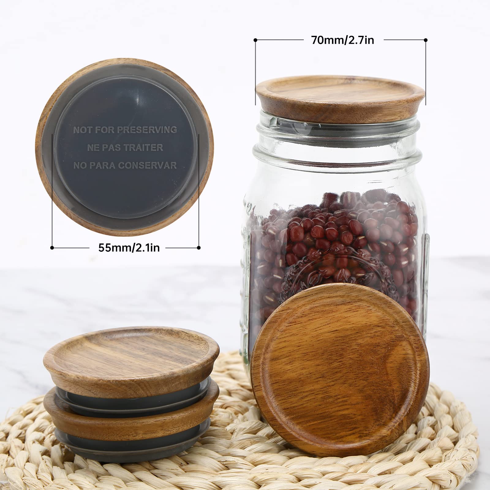 6 Pack Wide Mouth Mason Jar Lids Reusable canning lids Acacia Wooden mason jar Lids with Airtight Silicone Seal, Brown (6PCS Wide Lids)
