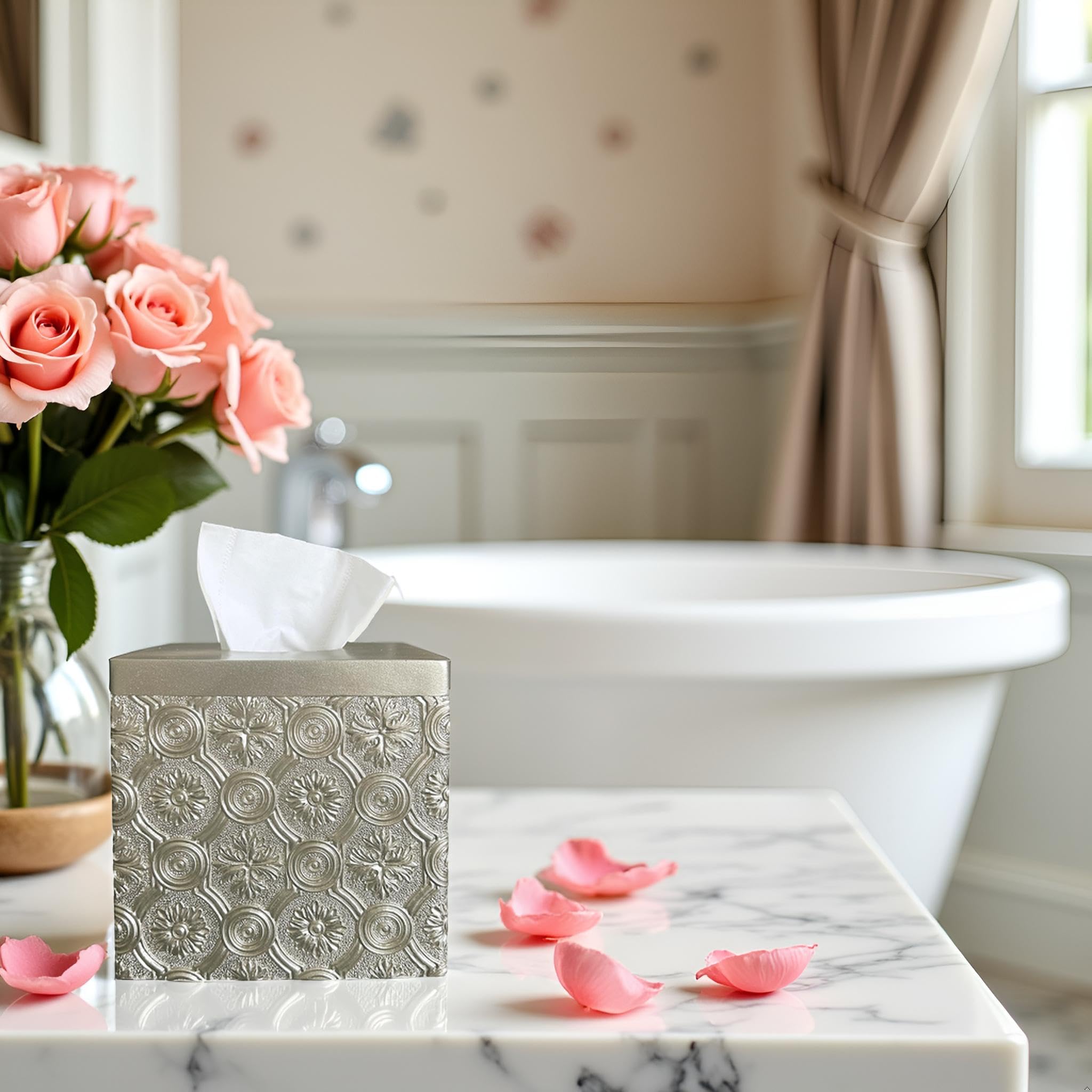 Hymmah Square Tissue Box Cover Holder with Tray,Unique Cube Design Tissue Dispenser Cover Decor for Vanity Counter Tops Also Great for Bedroom and Living Room