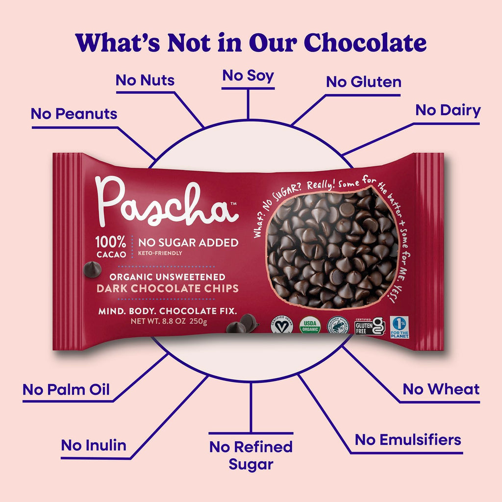 Pascha Organic 70% Cacao Baking Chips - Bittersweet Dark Chocolate with Coconut Sugar - Vegan, Non-GMO, Rainforest Alliance Certified - Allergen-Free (Pack of 8)