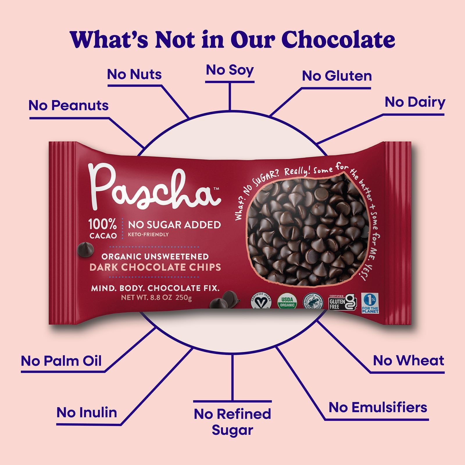 Pascha Organic 70% Cacao Baking Chips - Bittersweet Dark Chocolate with Coconut Sugar - Vegan, Non-GMO, Rainforest Alliance Certified - Allergen-Free (Pack of 8)