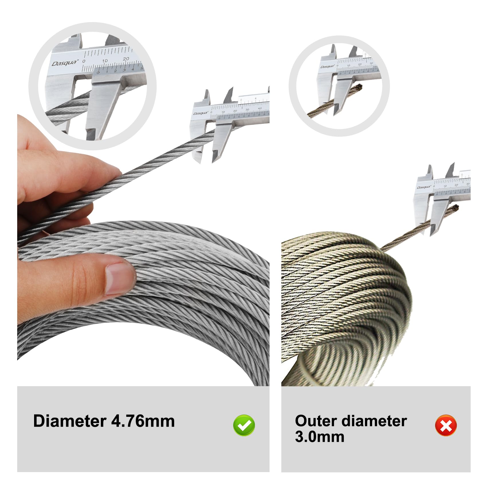 Thickened 3/16" 25ft Stainless Steel Cable with Wire Rope Clip, Thimble and Aluminum Crimping Loop Sleeve, 7X19 Strands Aircraft Cable, 3700lbs Breaking Strength for Deck Railing, String Lights