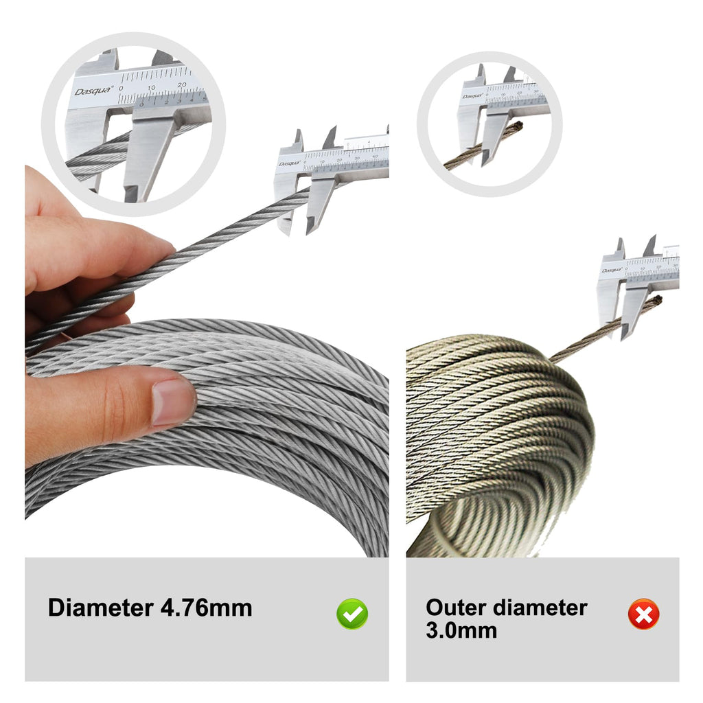 Thickened 3/16" 25ft Stainless Steel Cable with Wire Rope Clip, Thimble and Aluminum Crimping Loop Sleeve, 7X19 Strands Aircraft Cable, 3700lbs Breaking Strength for Deck Railing, String Lights