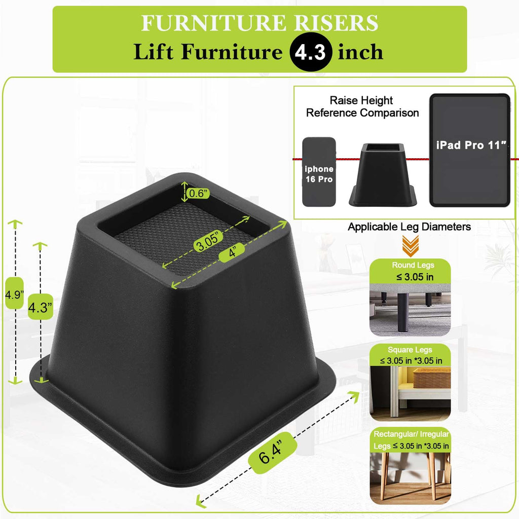 12 Pack Furniture Risers 1 Inch, Adjustable Bed Risers Heavy Duty for Table Desk Couch Chair Sofa Cabinet Bed Frame Dorm, Square Stackable Table Leg Risers Lift Height 1", 2" or 3", Black