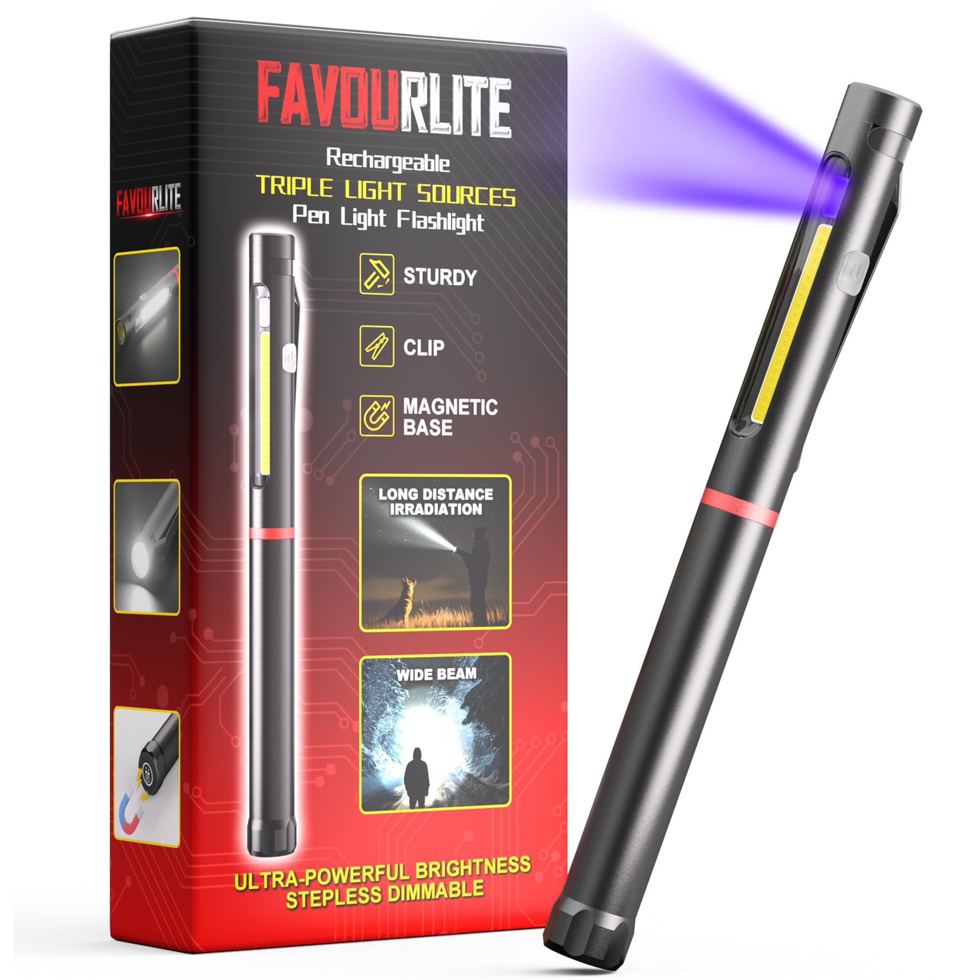 Rechargeable Pen Light, 800 Lumens LED Pen Flashlights 6 Modes COB Magnetic Flashlight with Clip Bright Pocket Flashlights Work Light Portable Waterproof Durable Penlight for Work Emergency