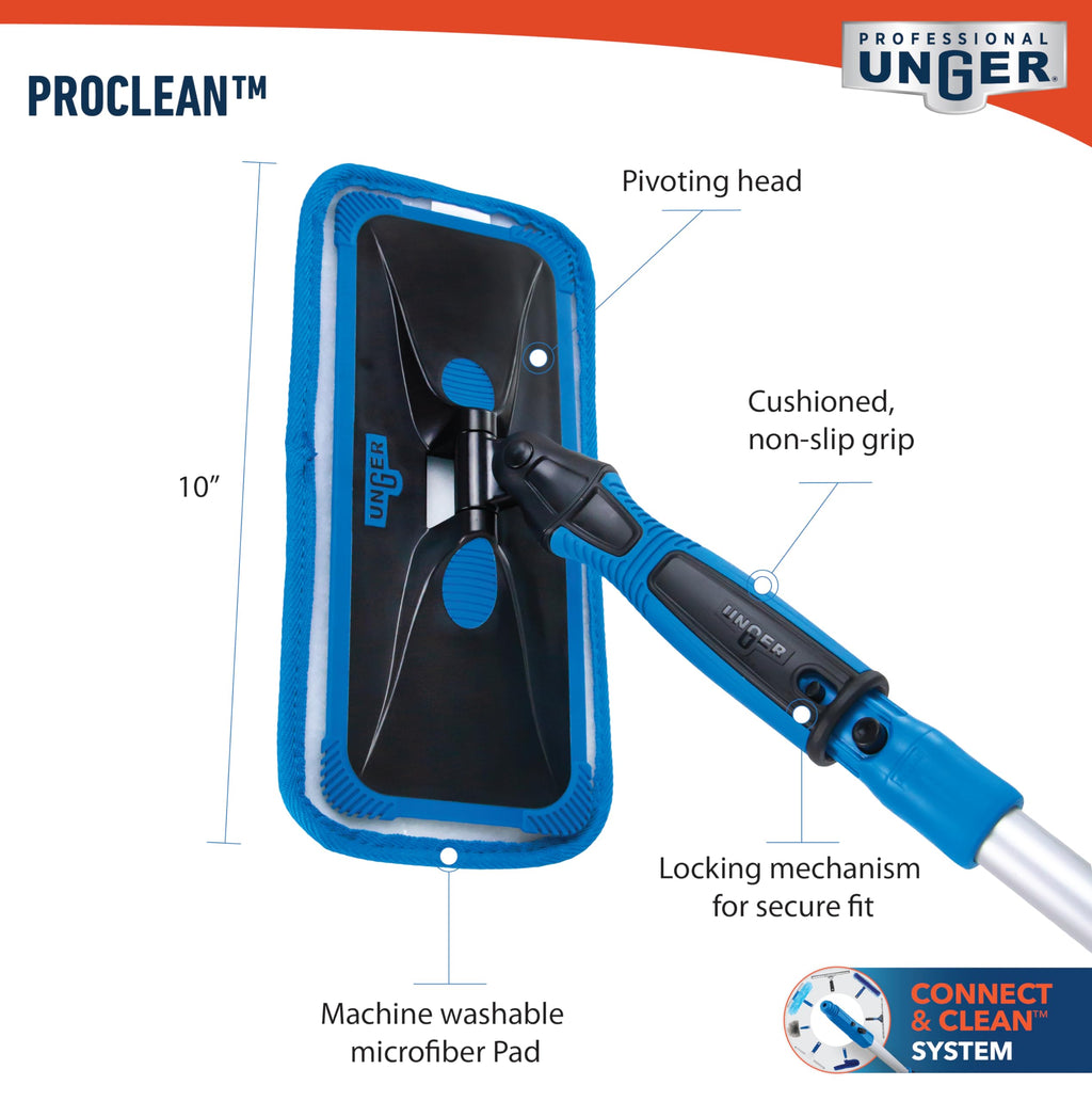 Unger Professional Indoor Window Cleaning Kit with 2' Pole — Swivel Head Pad Washer for Glass, Mirrors & Flat Surfaces, Streak-Free Results, 2 Reusable Microfiber Pads, Wet or Dry Use