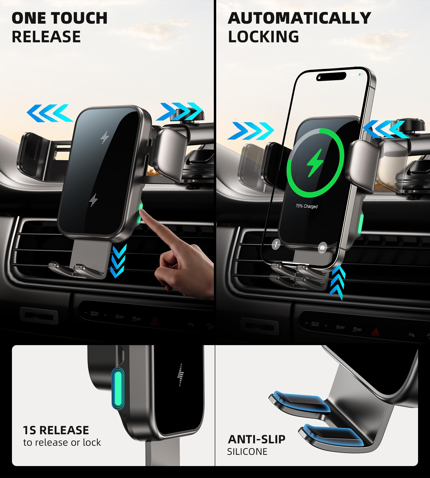 Dual Coil 15W Car Phone Holder Wireless Car Charger -Auto Clamping- Charging Phone Holders for Your Car Dash Vent Windshield, for Flip S25/S24/S23/S22, iPhone 17/16/15/14