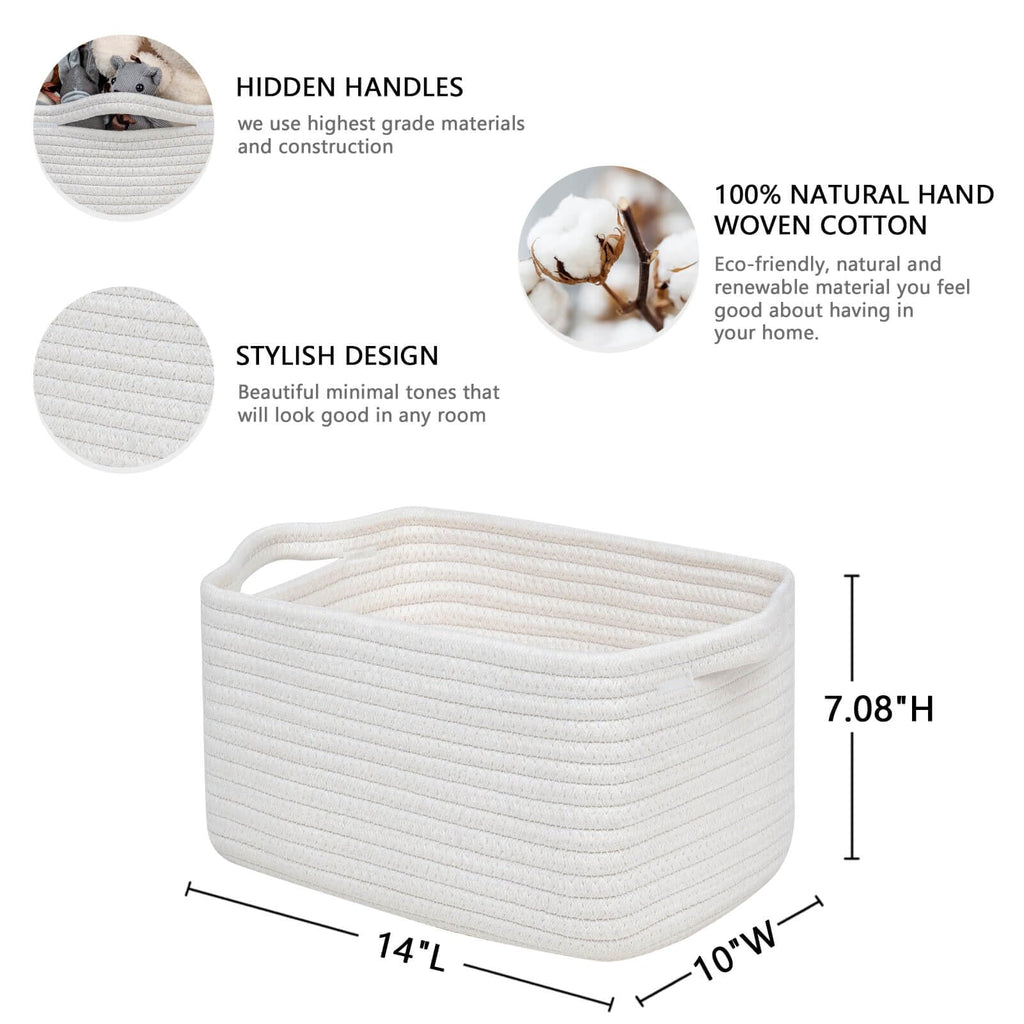 CubesLand Rectangular Cotton Rope Basket, 14x10x5 Inches, Beige, Nursery Storage Bin