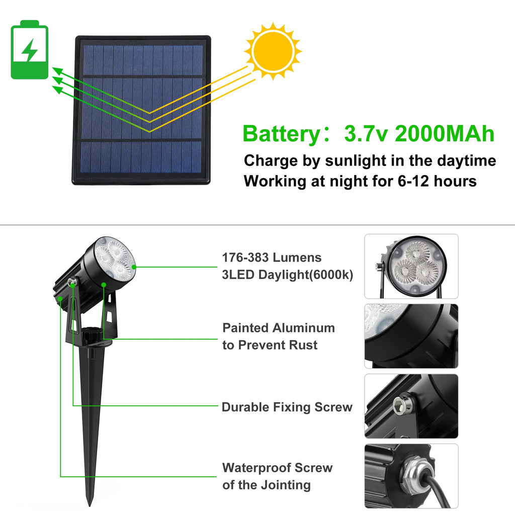Solar Spot Lights Outdoor, Solar Landscape Spotlights IP65 Waterproof 9.8ft Cable,Auto On/Off Outdoor Wall Lights for Garden Yard Driveway Porch Walkway Pool (3000K Warm White)