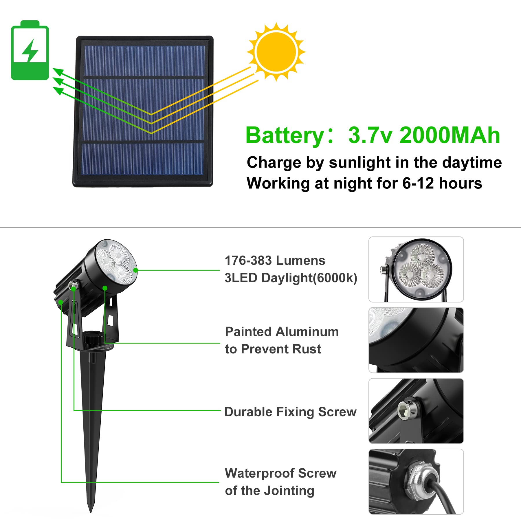 Solar Spot Lights Outdoor, Solar Landscape Spotlights IP65 Waterproof 9.8ft Cable,Auto On/Off Outdoor Wall Lights for Garden Yard Driveway Porch Walkway Pool (3000K Warm White)