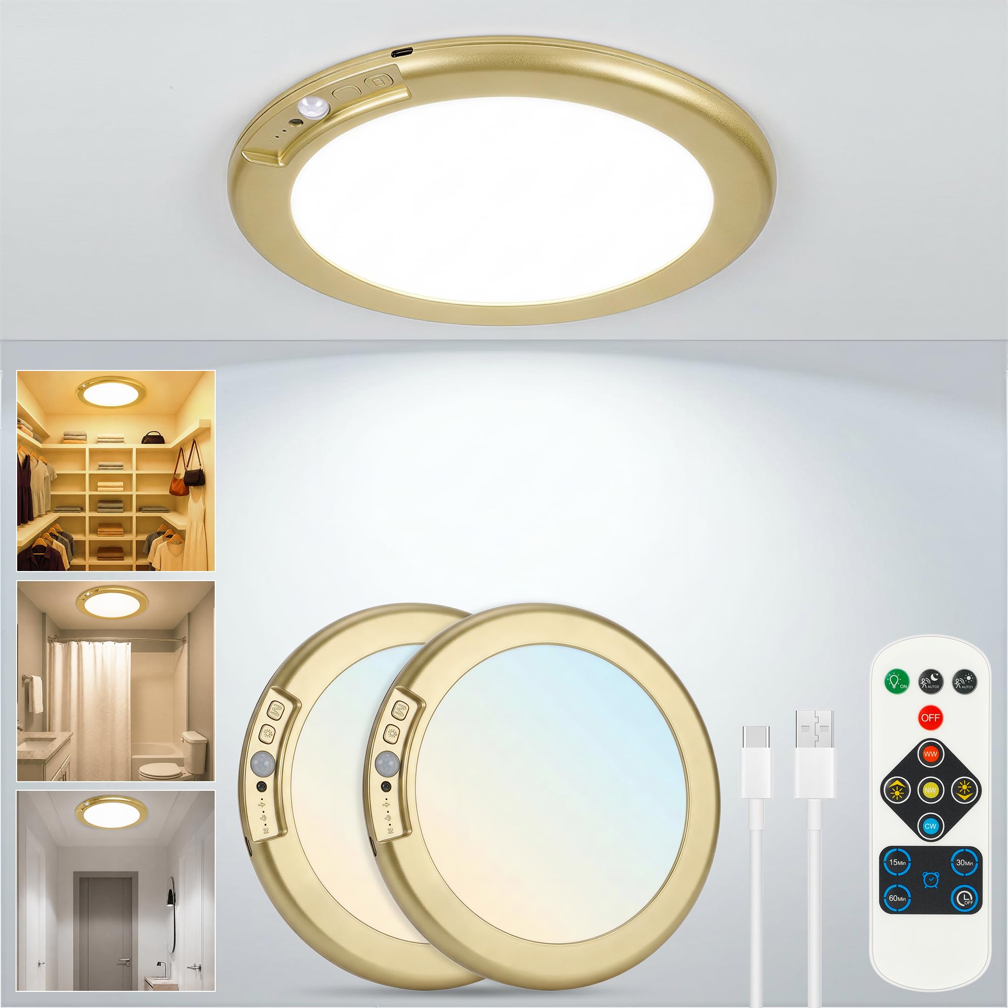 Wireless Closet Lights Motion Sensor - No Wiring Rechargeable Ceiling Light Night Light Indoor, Battery Operated Led Lights for Bedroom with Remote, Living Room Bathroom Home & Kitchen Decor Lighting