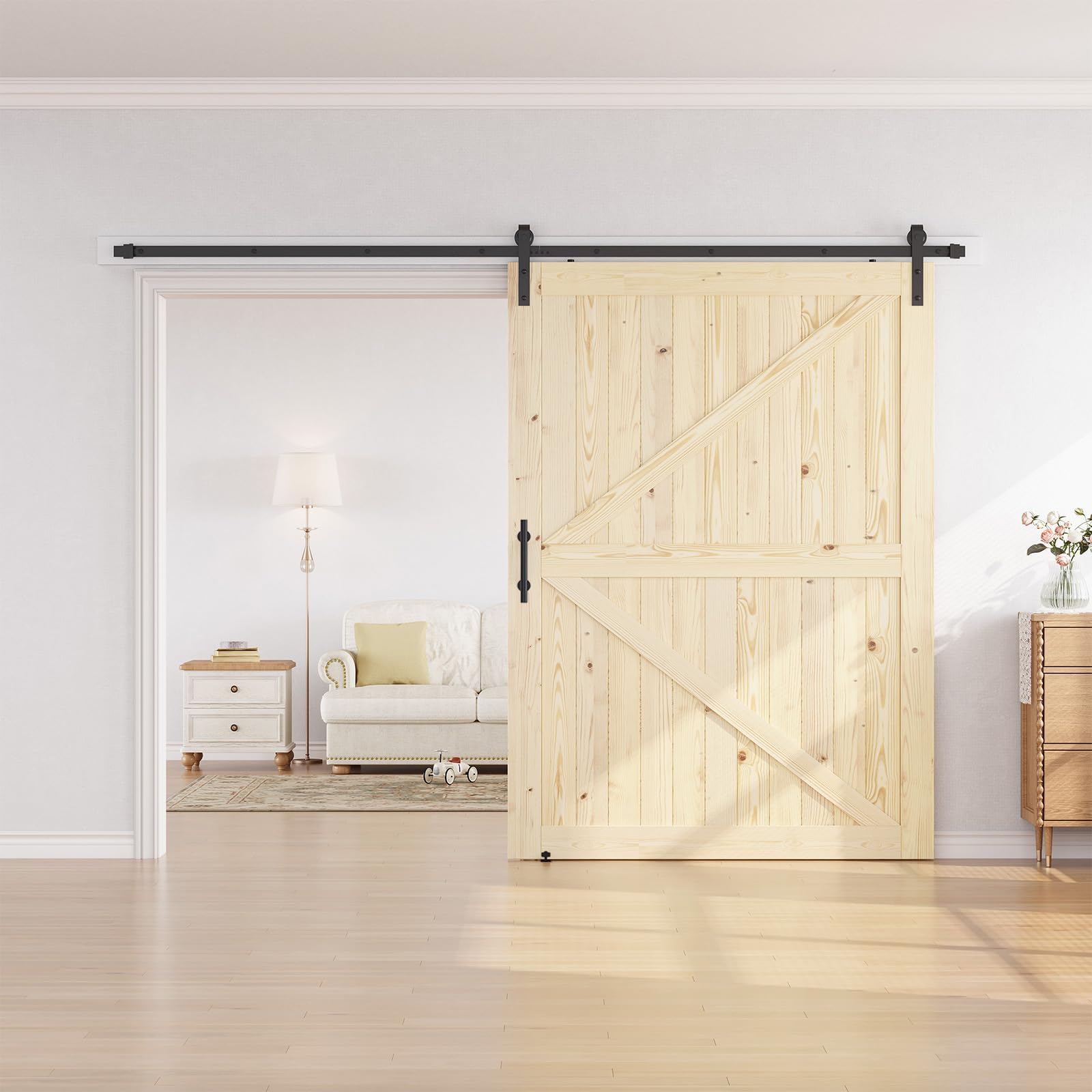 SmartStandard 24in x 80in Sliding Barn Wood Door Pre-Drilled Ready to Assemble, DIY Unfinished Solid Spruce Wood Panelled Slab, Interior Single Door Only, Natural, K-Frame (Fit 4FT Rail)