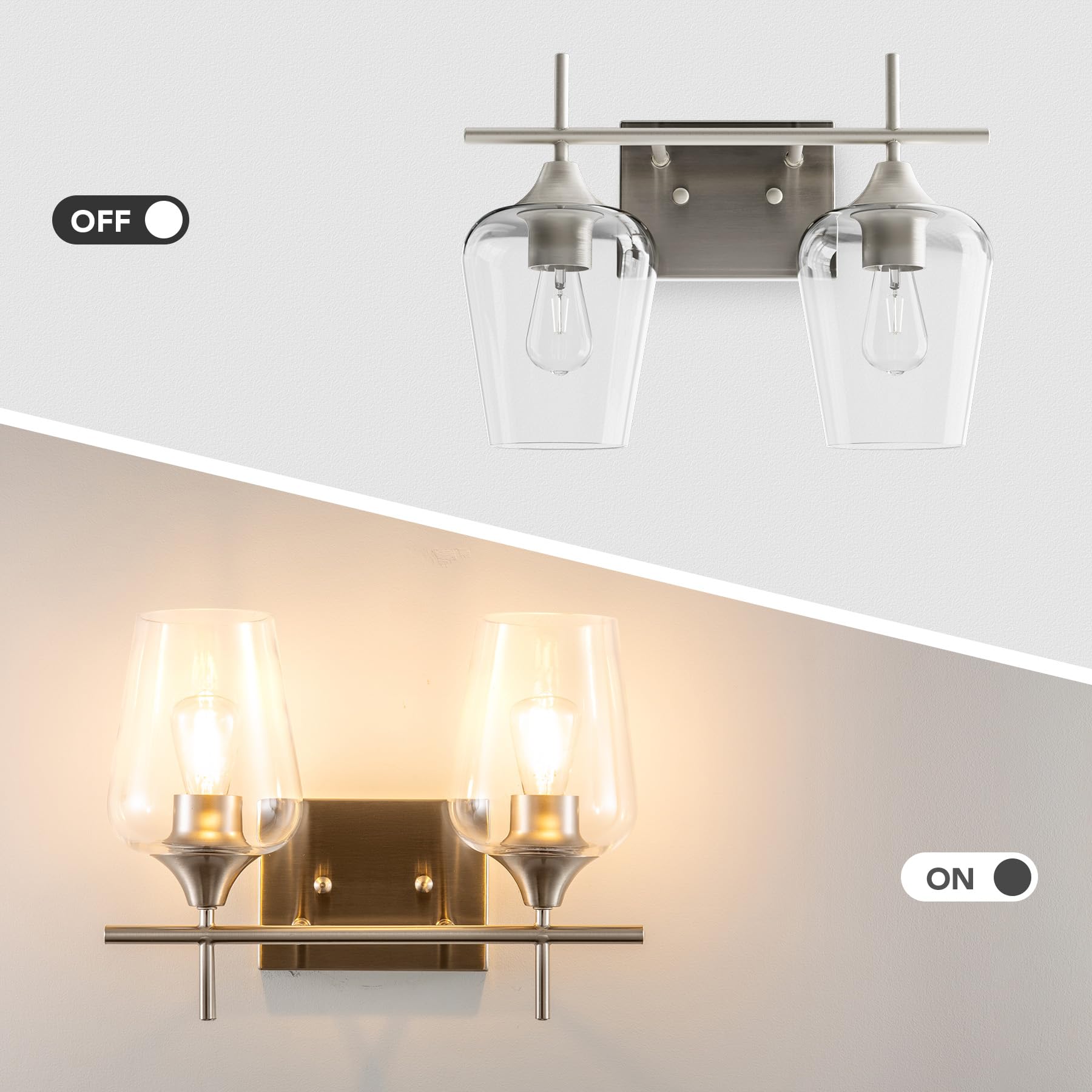 VONLUCE Bathroom Vanity Light, 2 Light Bathroom Light Fixture Over Mirror, Bathroom Wall Lamp with Clear Glass, Modern Brushed Nickel Vanity Lighting fixtures for Bathroom, Bedroom, Hallway