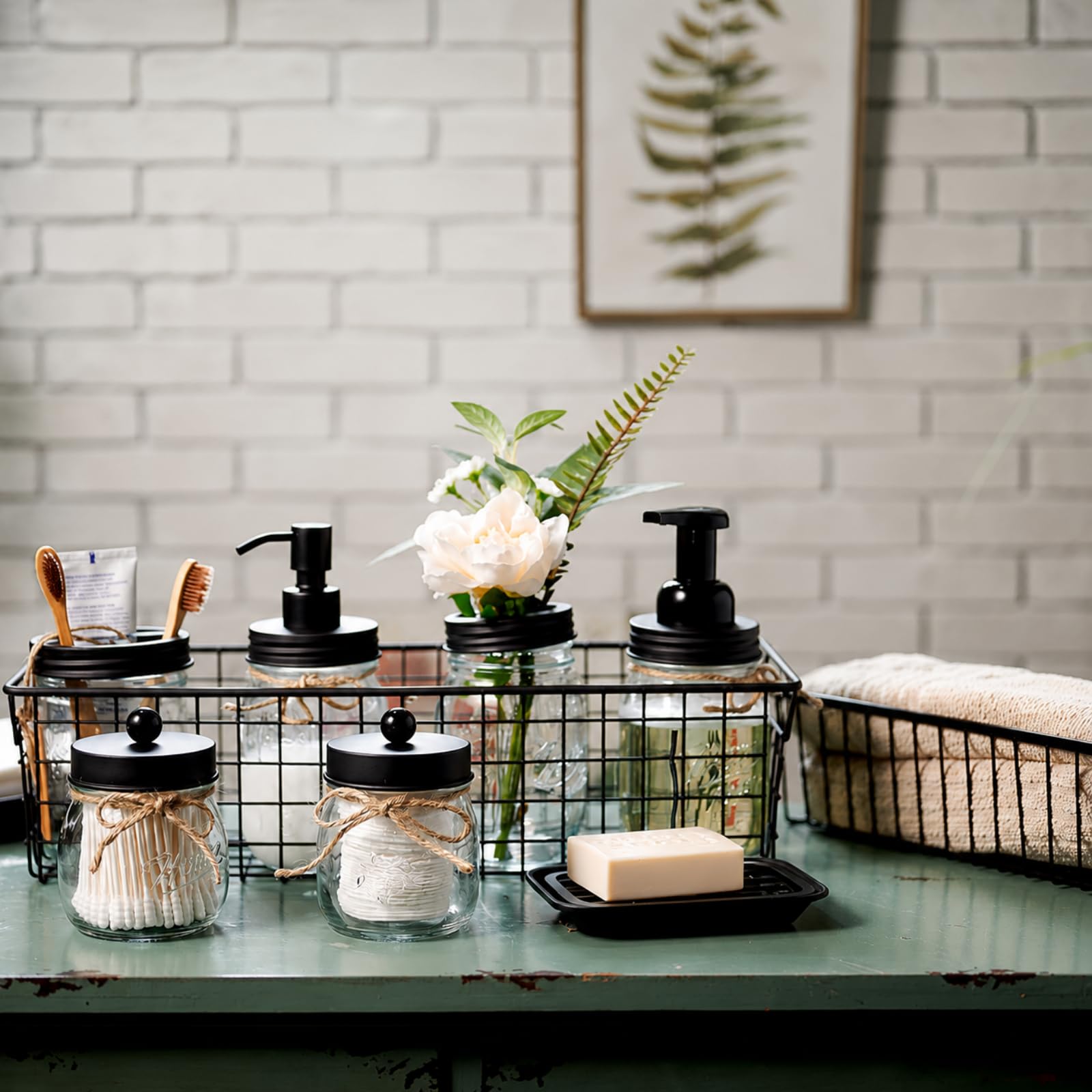 SheeChung 6Pcs Mason Jars Bathroom Accessories Set Complete - Toothbrush Holder, Lotion Soap Dispenser, 2 Mason Jars, Soap Dish, Toilet Paper Basket, Rustic Farmhouse Decor (Black, 6Pcs Bathroom Set)