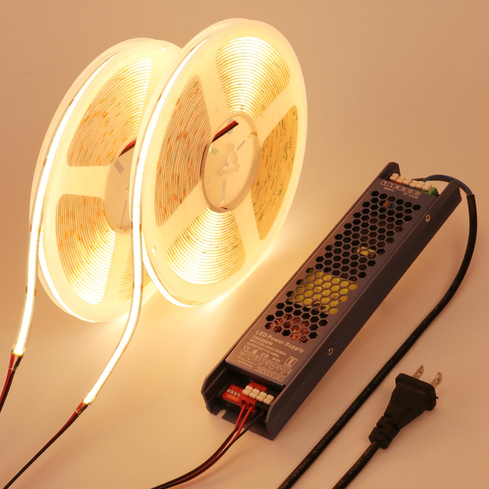 BENLUN 24V COB LED Strip Light 65.6ft (2 Rolls of 32.8ft) Kit, 3000K Warm White Cuttable 11W/M 312LEDs/M CRI 93 LED Tape Lights with Power Supply for Bedroom Kitchen Living Room Ceiling