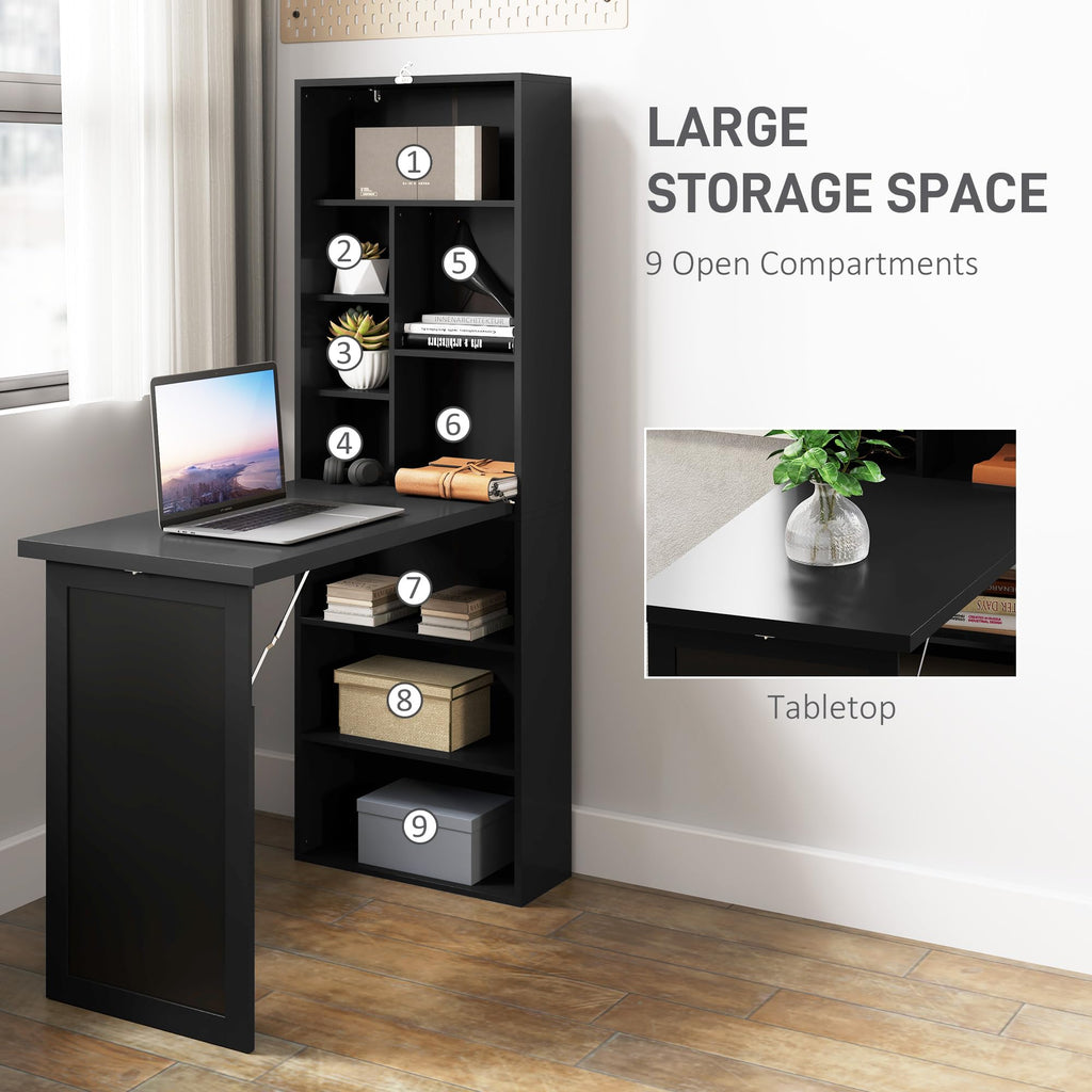 HOMCOM Foldable Convertible Writing Table, Wall Mounted Space-Saving Computer Desk with Chalkboard and Storage Shelves for Small Spaces, Home Office, Bedroom, Dorm, Apartment, Black