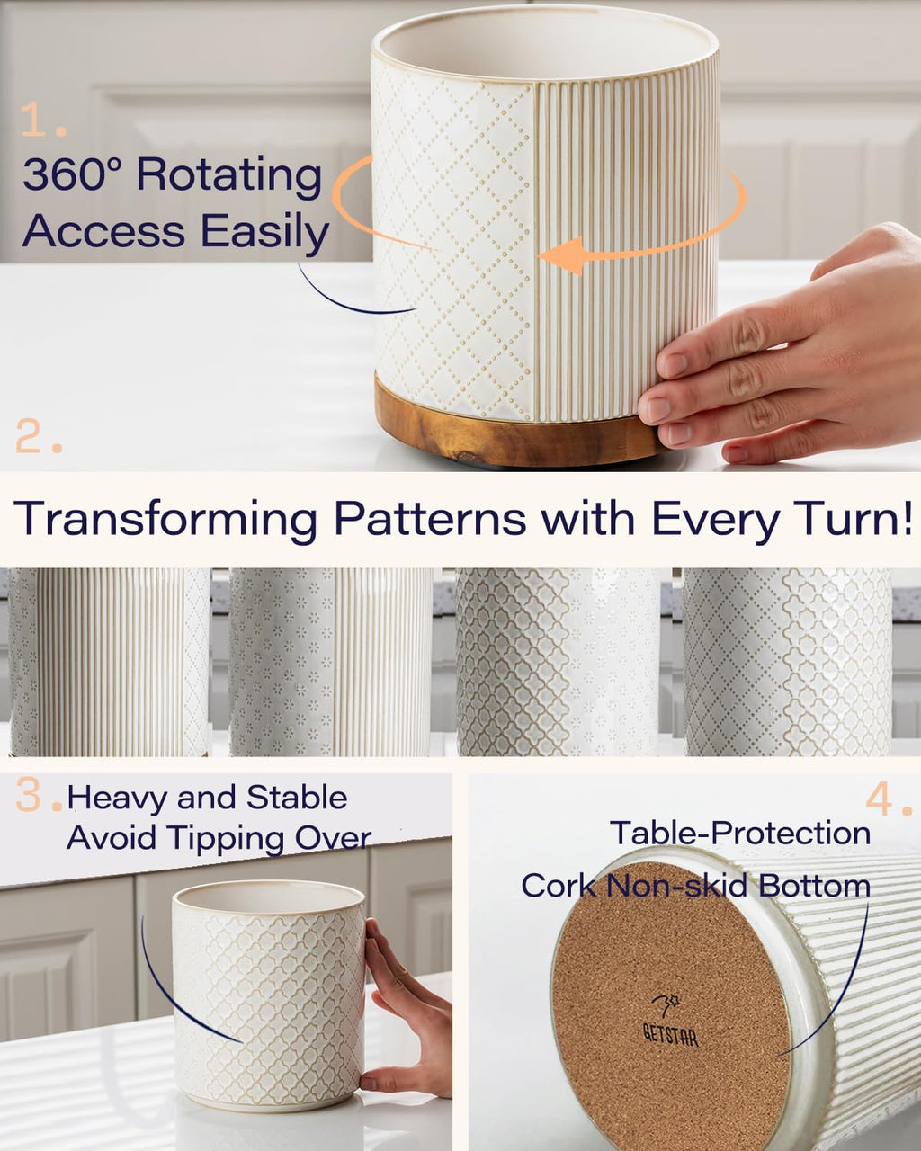 getstar Extra Large Rotating Utensil Holder for Kitchen Counter, 7.2" Ceramic Utensils Crocks Set for Countertop Large & Small Utensil Organizer for Spatula Farmhouse Kitchen Decor