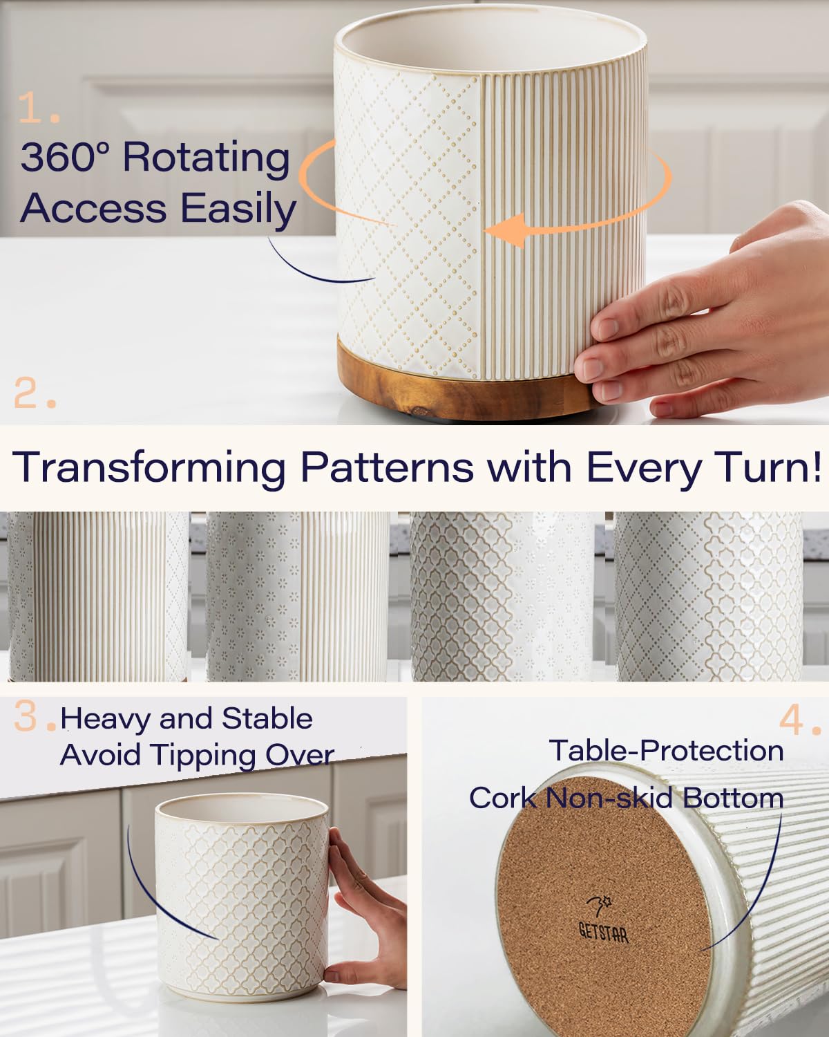 getstar Extra Large Rotating Utensil Holder for Kitchen Counter, 7.2" Ceramic Utensils Crocks Set for Countertop Large & Small Utensil Organizer for Spatula Farmhouse Kitchen Decor