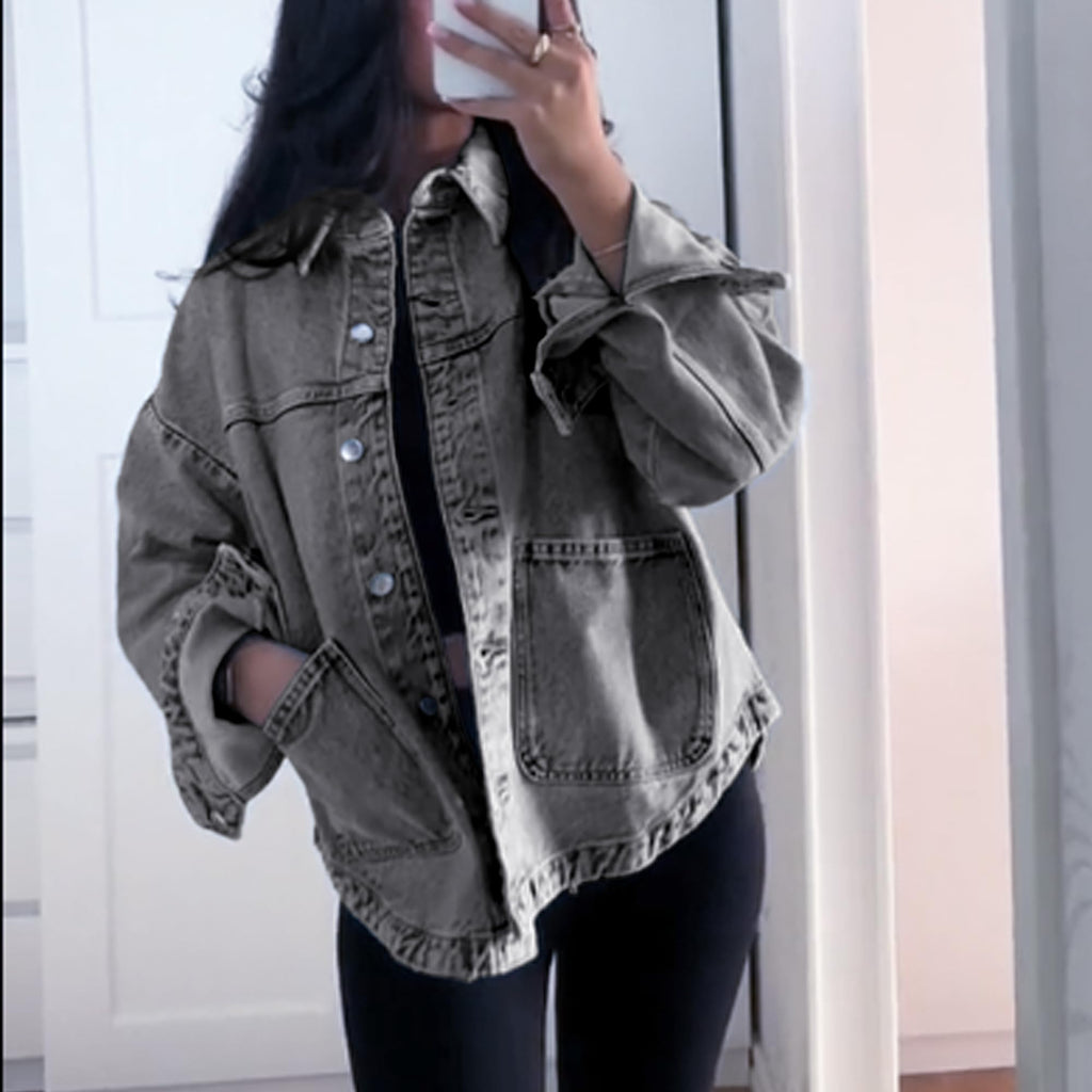 Hixiaohe Jean Jackets for Women Trendy Button Up Denim Shirt Jacket Oversized Long Sleeve Coat Fashion Clothes with Pockets