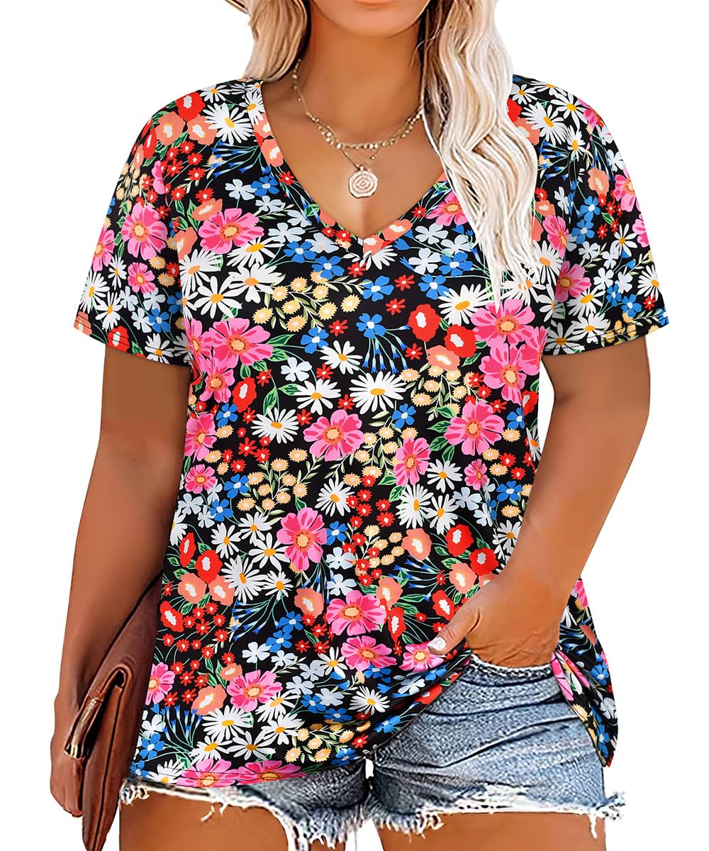 CARCOS Womens Plus Size Tops Short Sleeve Shirts V Neck Tunic Floral/Aniaml Blouses XL-5X