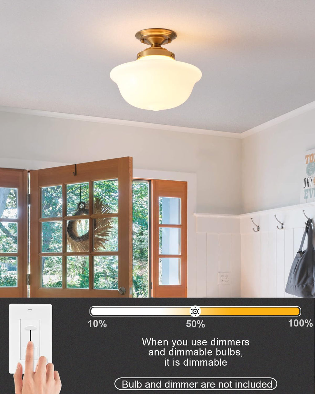 Schoolhouse Light Fixture, 12 Inch Black Finish with Milk Glass Semi Flush Mount Ceiling Light, Ceiling Light Fixture for Kitchen Hallway Entryway (Type C Pendant Light)