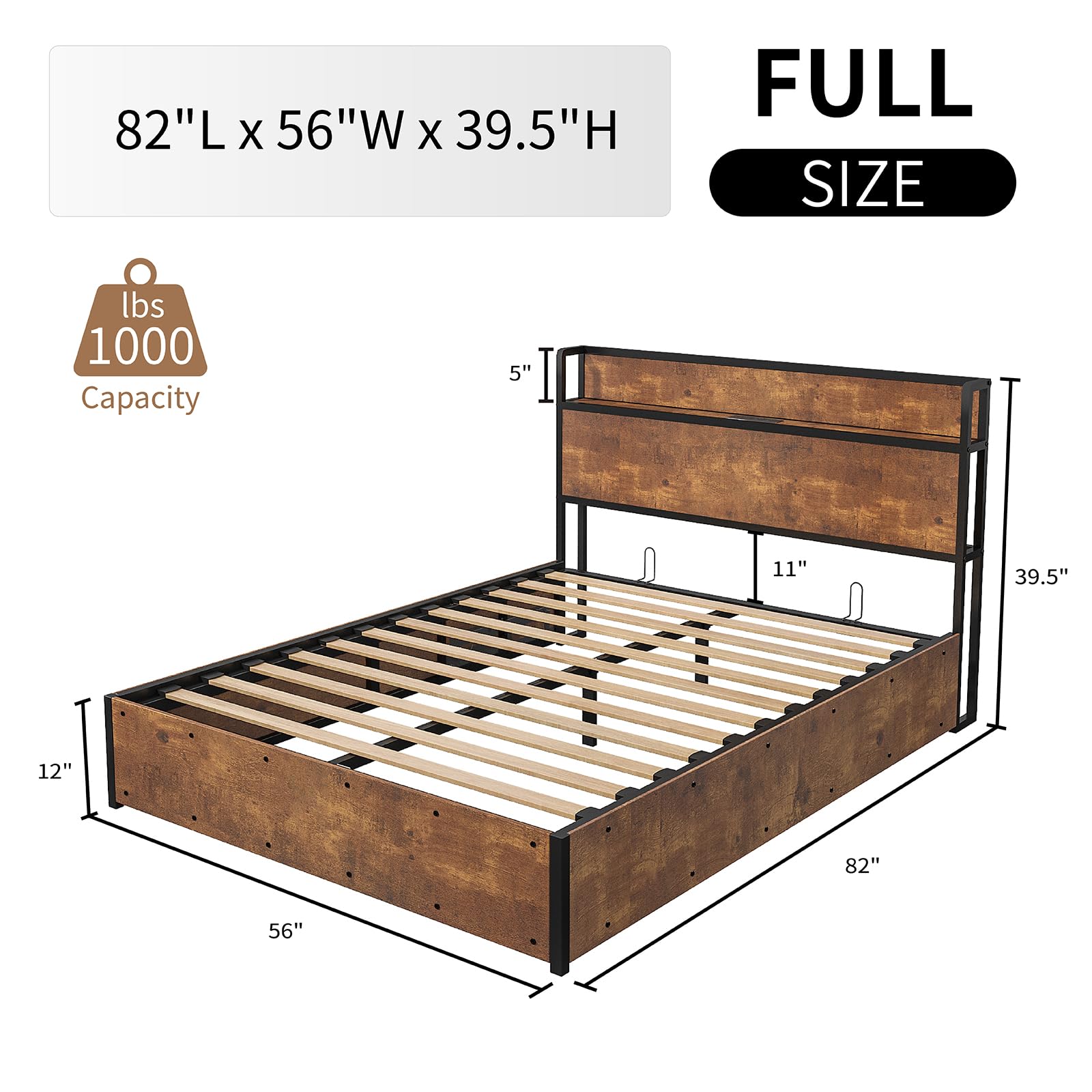 LUXOAK Full Size Lift Up Storage Bed, Wood Platform Bed Frame with Storage Headboard & Charging Station, No Box Spring Needed, Easy Assembly, Black