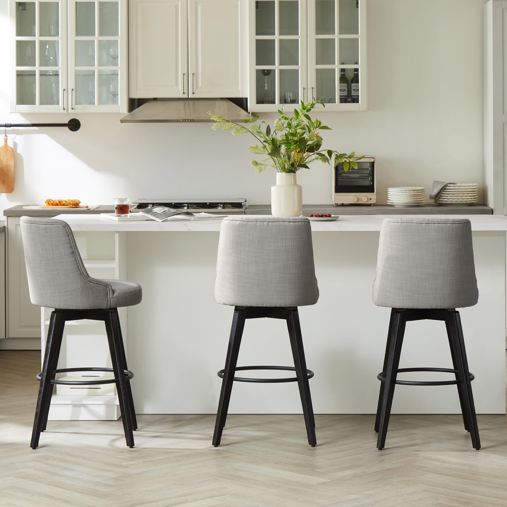 Watson & Whitely Counter Height Bar Stools, Performance Fabric Upholstered Modern Swivel Barstool with Back, Solid Wood Legs, 26" H Seat, Flint Grey