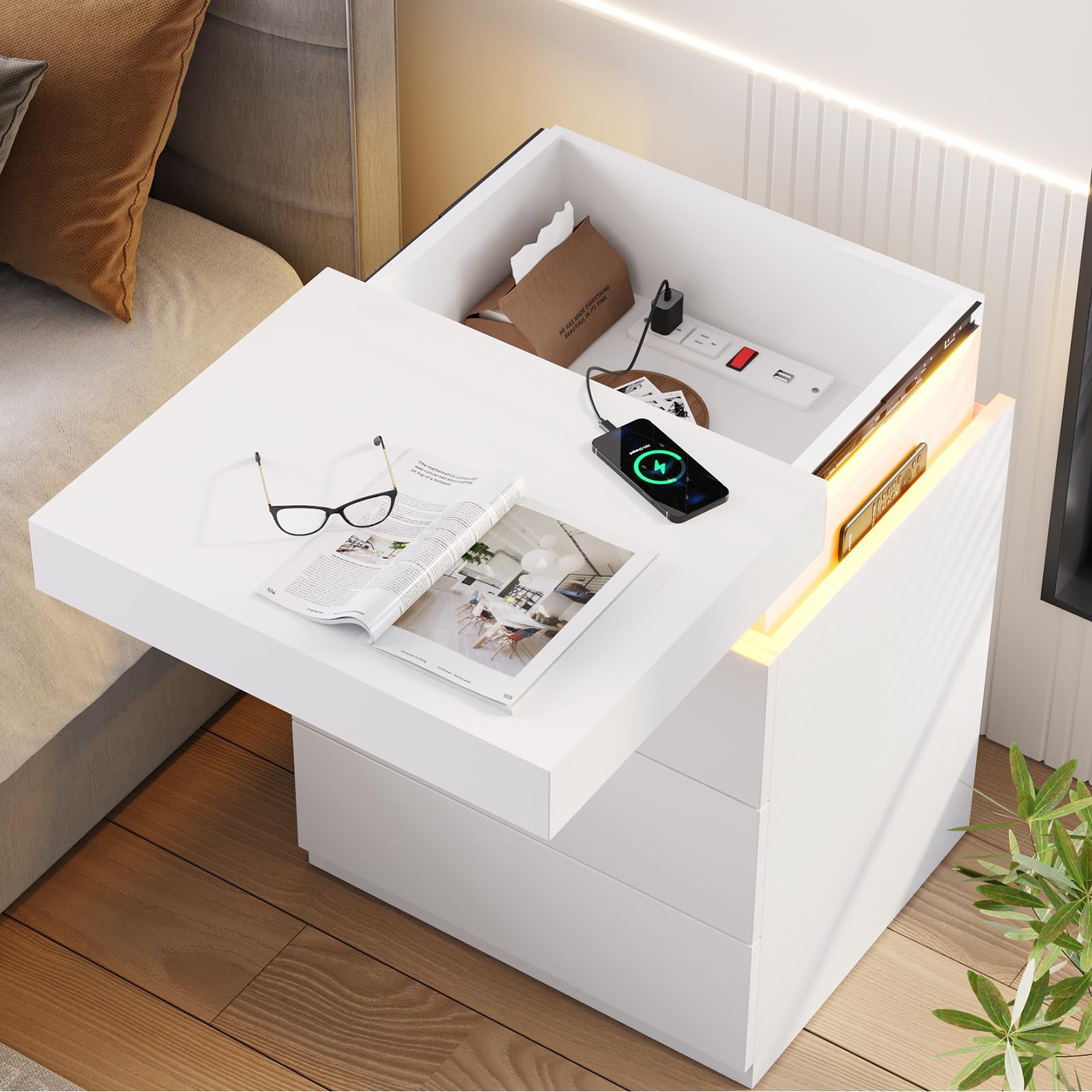 BTHFST LED Nightstands Set of 2,Night Stands for Bedroom Set of 2,Nightstand with Charging Station and Sliding Top,Bedside Table with Power Outlets & Drawers,Modern End Side Table (Black)