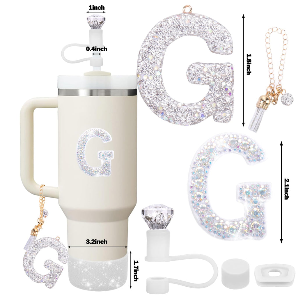 Mity rain Accessories Set for Stanley Cup, Initials Decorations for Tumbler Cup 30/40OZ, Including Diamond Straw Topper/Spill Proof Stopper/Sparkly Silicone Boot Set/Letter Charms for Handle A-Z (A-)
