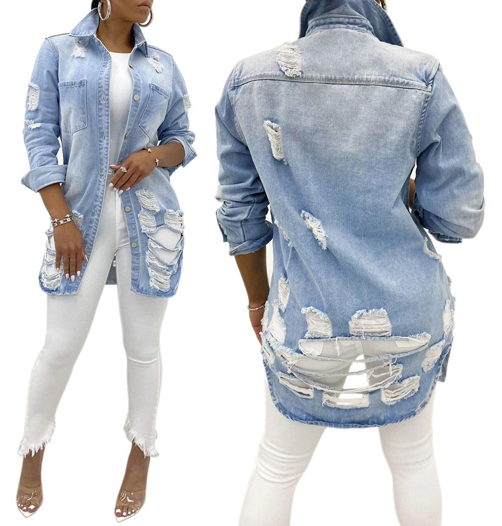 SeNight Women's Jean Jacket Long Sleeve Classic Distressed Fray Hem Tassels Denim Trucker Jackets