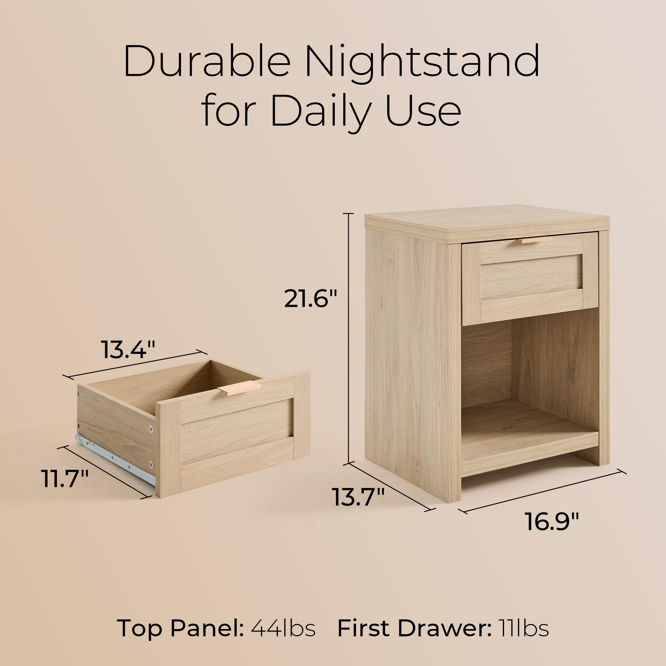 OAKHAM HOME Nightstand Set of 2 Farmhouse Bedside Tables with Drawer and Storage Shelf Modern Boho End Side Tables for Bedroom Sofa, Light Oak