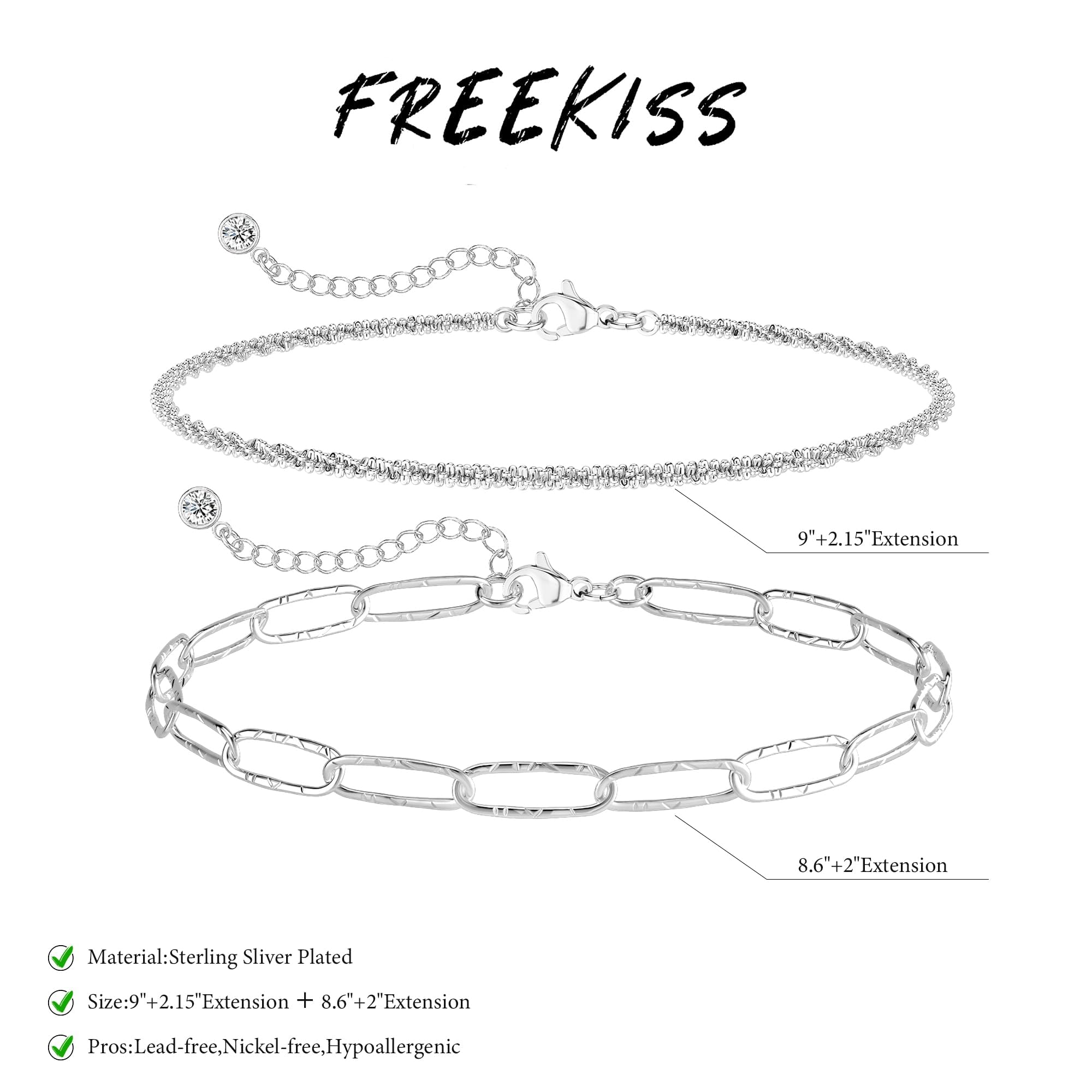 Freekiss Sterling Silver Ankle Bracelets for Women: Dainty Layered Waterproof Anklet for Women Adjustable Womens Anklet Set Stackable Figaro Beaded Cuban Link Anklets Beach Jewelry for Women