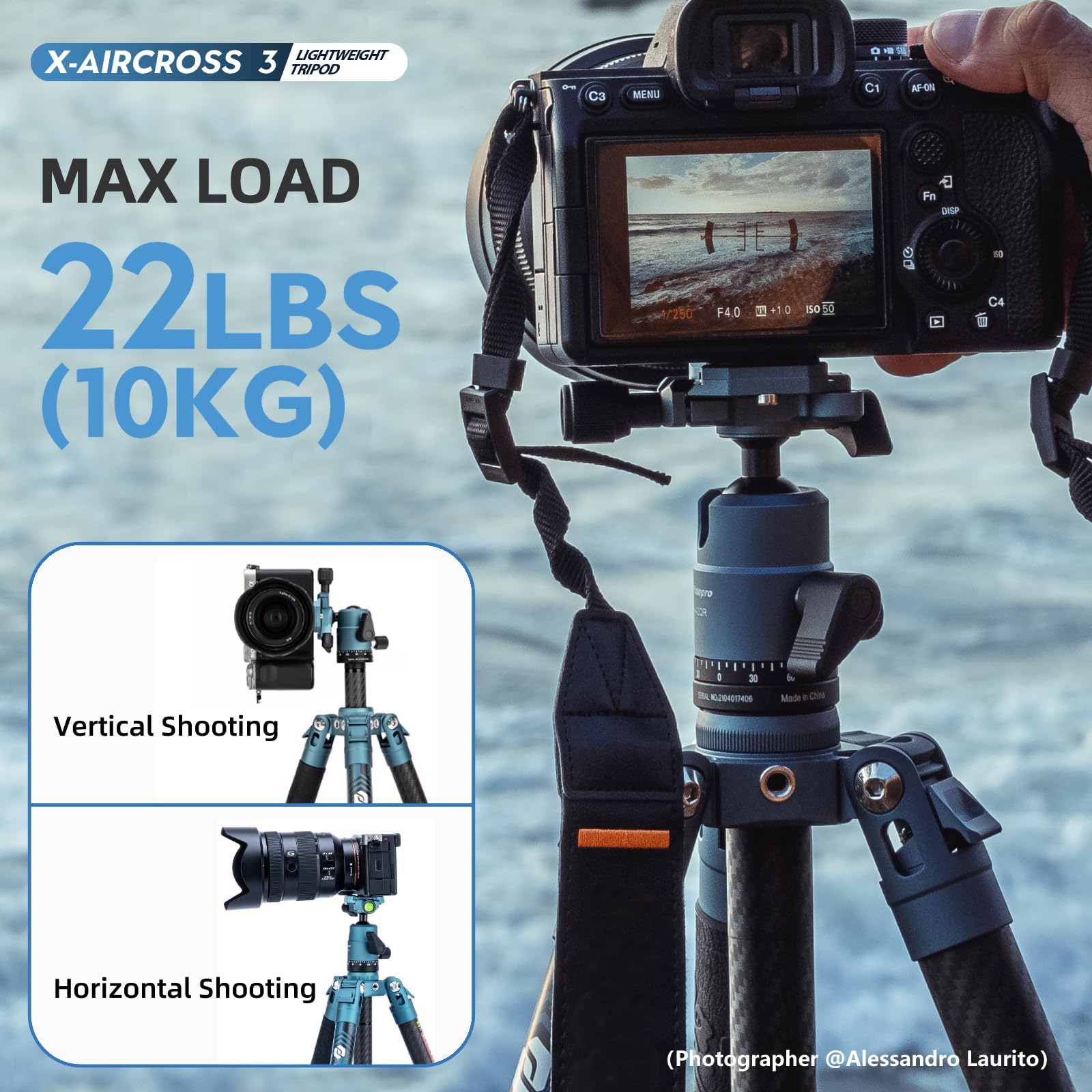 Fotopro 60" Camera Tripod, Carbon Fiber Travel Tripod with 360° Ball Head, Ultralight 2.1lbs, 22lbs Load, Quick Lock, Folds to 14.3" Carry-On, for DSLR Mirrorless Cameras, X-Aircross 3 Blue