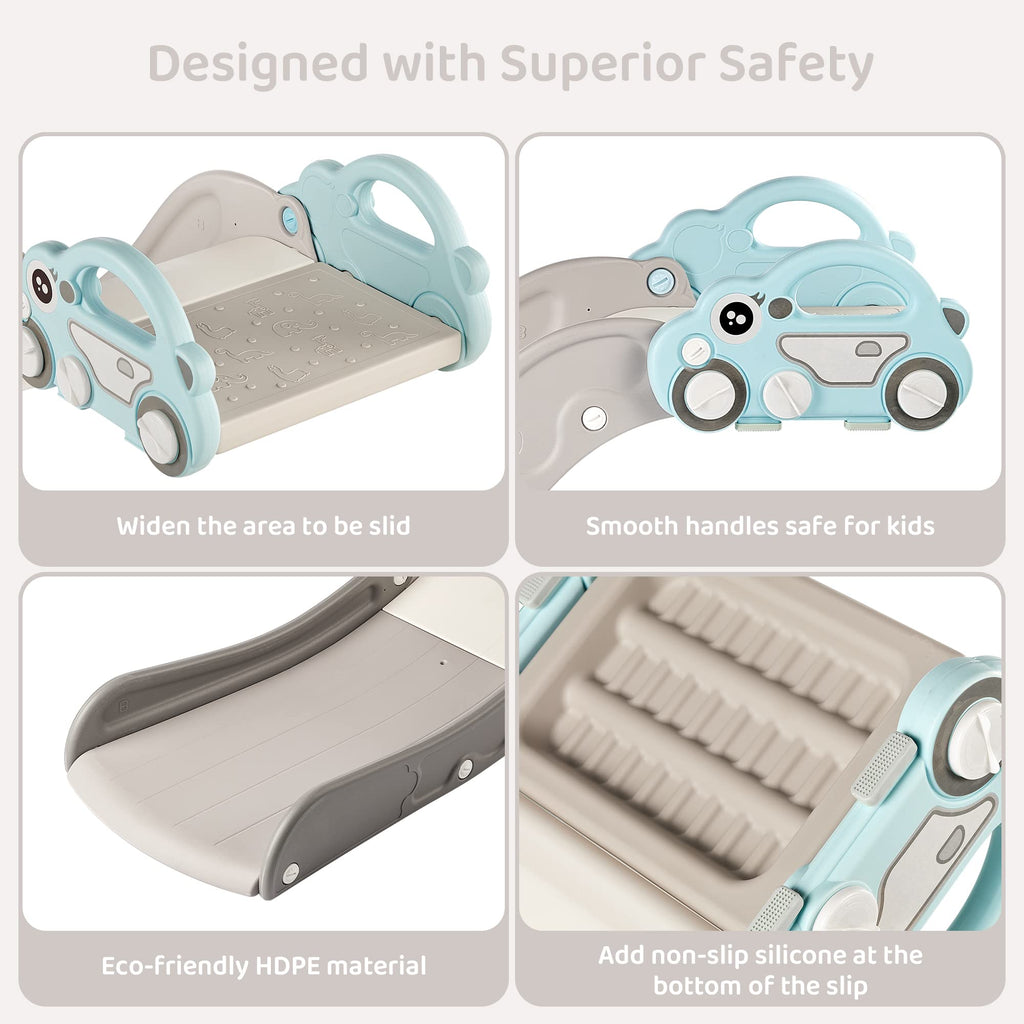 Indoor Kids Baby Couch Slide for Toddler 1-3, Sofa Slide Add-on Attachment for Bed Nugget Playgrounds, with Secure Base Guardrail, Gentle Slope Extended Buffer Zone, Fun Car Design, Blue