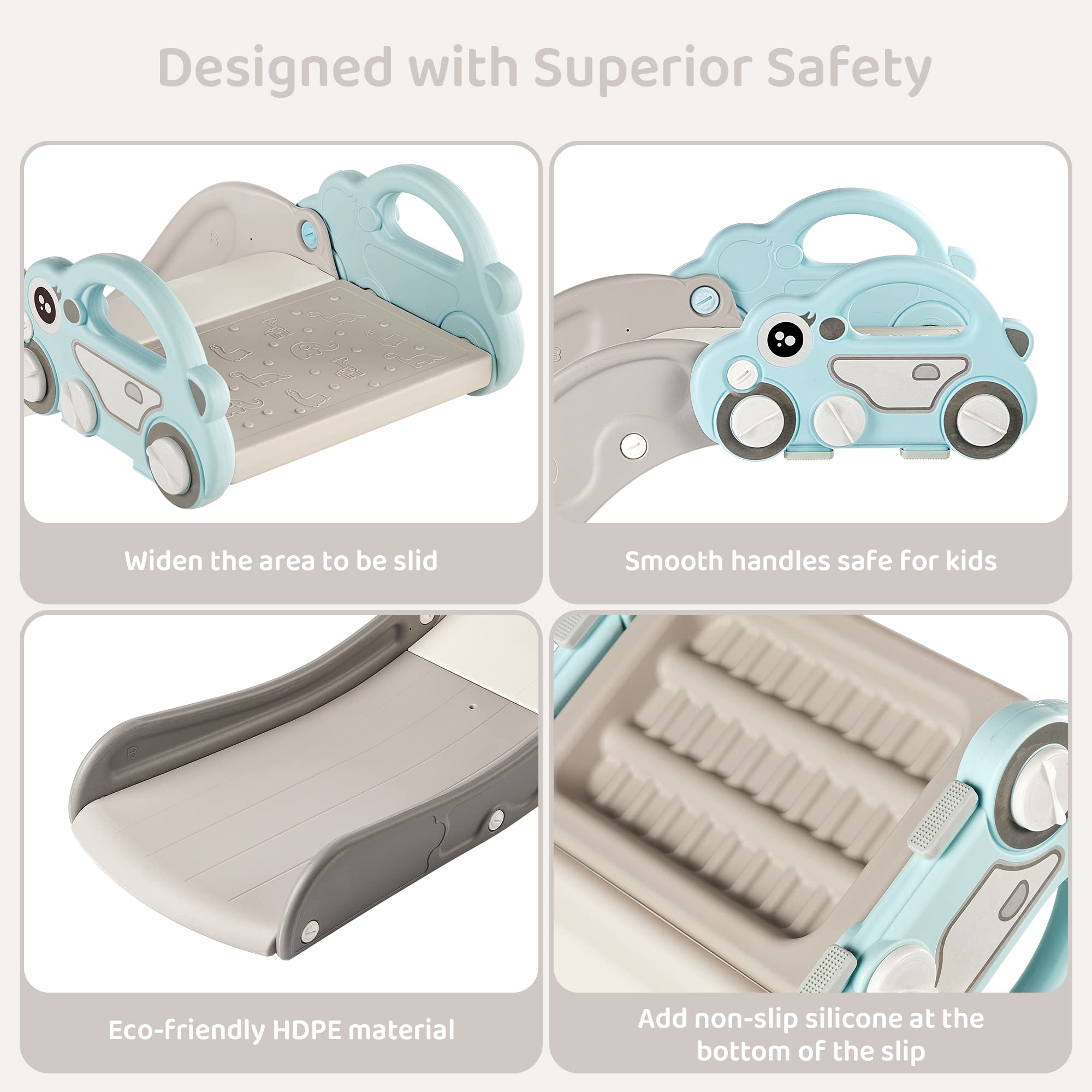 Indoor Kids Baby Couch Slide for Toddler 1-3, Sofa Slide Add-on Attachment for Bed Nugget Playgrounds, with Secure Base Guardrail, Gentle Slope Extended Buffer Zone, Fun Car Design, Blue