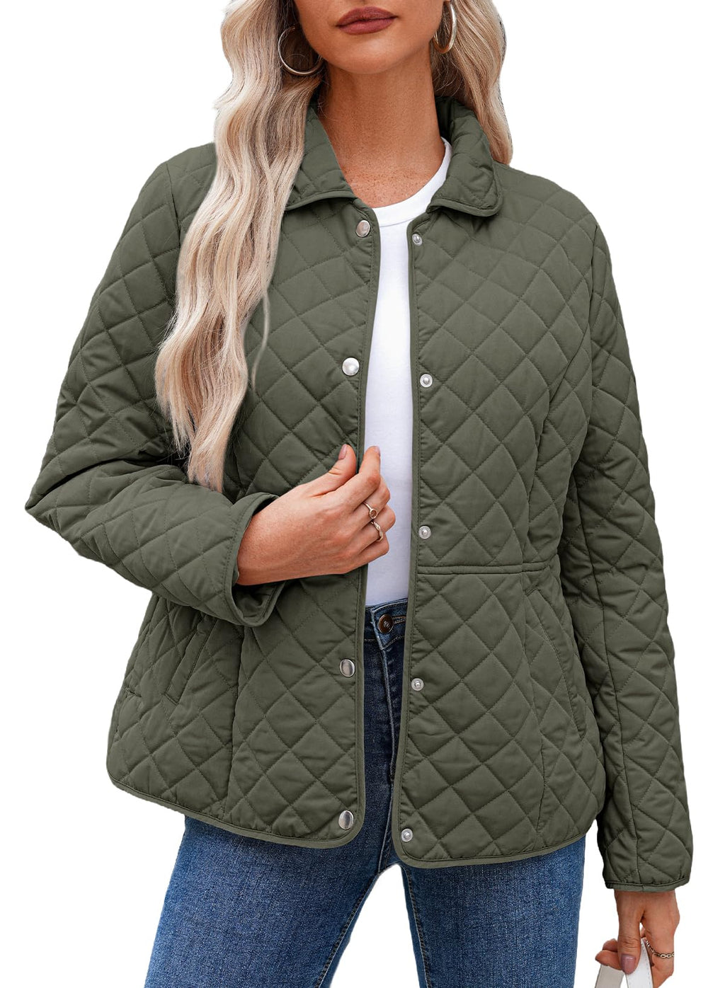Dokotoo Women's Winter Quilted Jackets Long Sleeve Button Down Diamond Puffer Jacket Outerwear Coats with Pockets