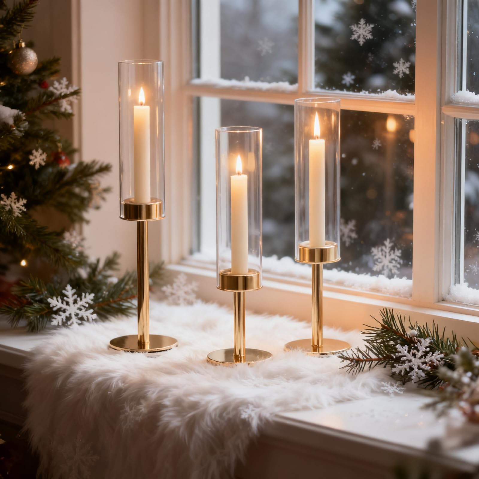 Black Hurricane Glass Candle Holders Set of 3, Tall Metal Taper Candle Stick Holder, Clear Candlestick Holders, Table Centerpieces Decor for Dining Dinner, Weddings, Christmas Fireplace Decorations