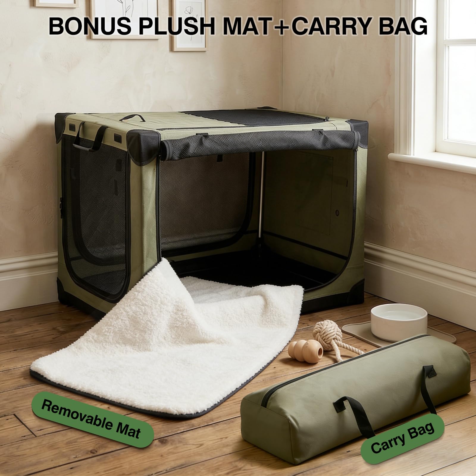 Veraste 24" L x 17" W x 17" H Collapsible Travel Dog Crate, Portable Soft Dog Kennel for Small Medium Pets up to 30 lbs, 4-Door Foldable Travel Crate with Durable Mesh & Storage Bag, Black