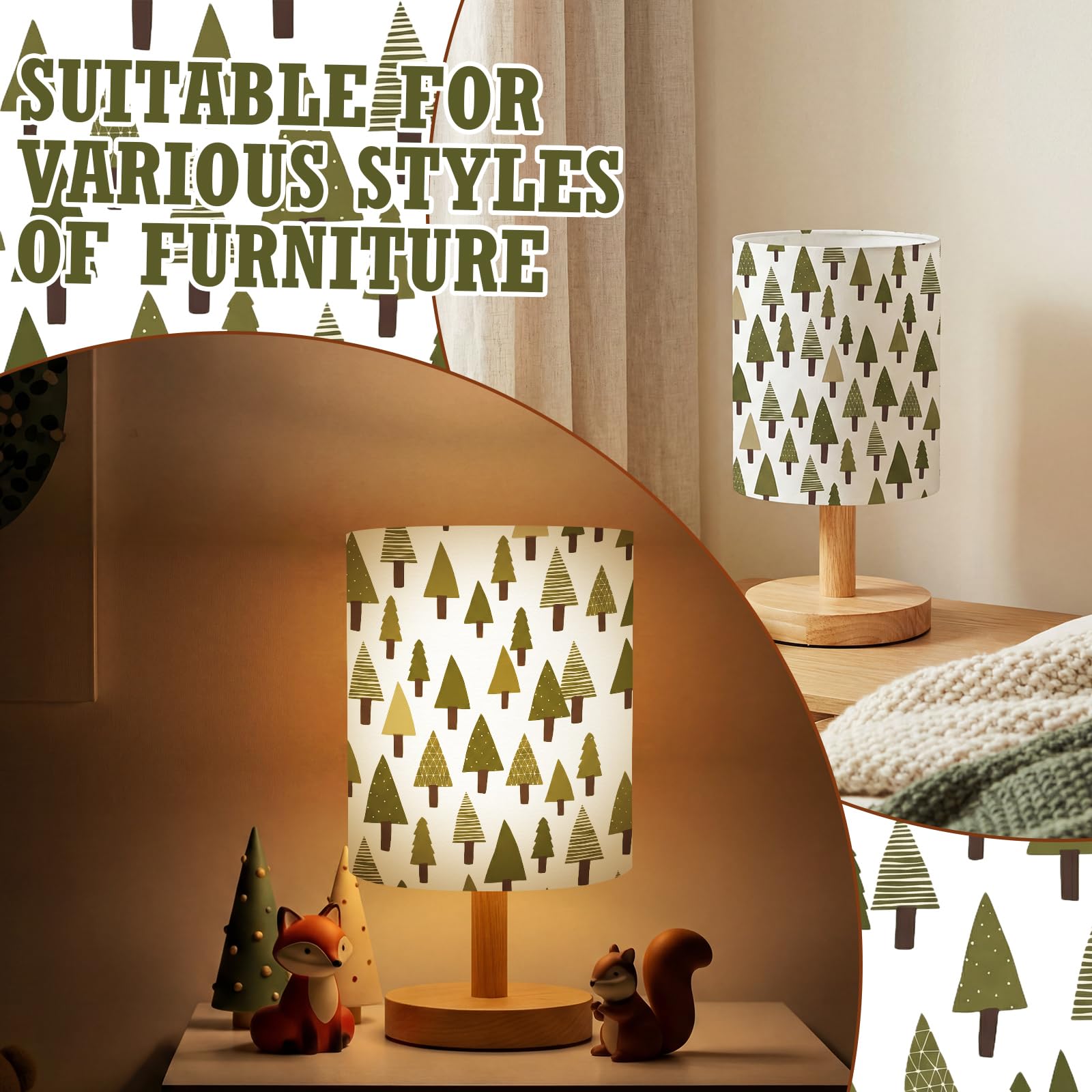 VIHOSE Woodland Animals Kids Table Lamp for Bedroom Kids Bedside Lamp with Linen Wooden Nightstand Cartoon Nursery Lampshade for Girls Boys Living Room