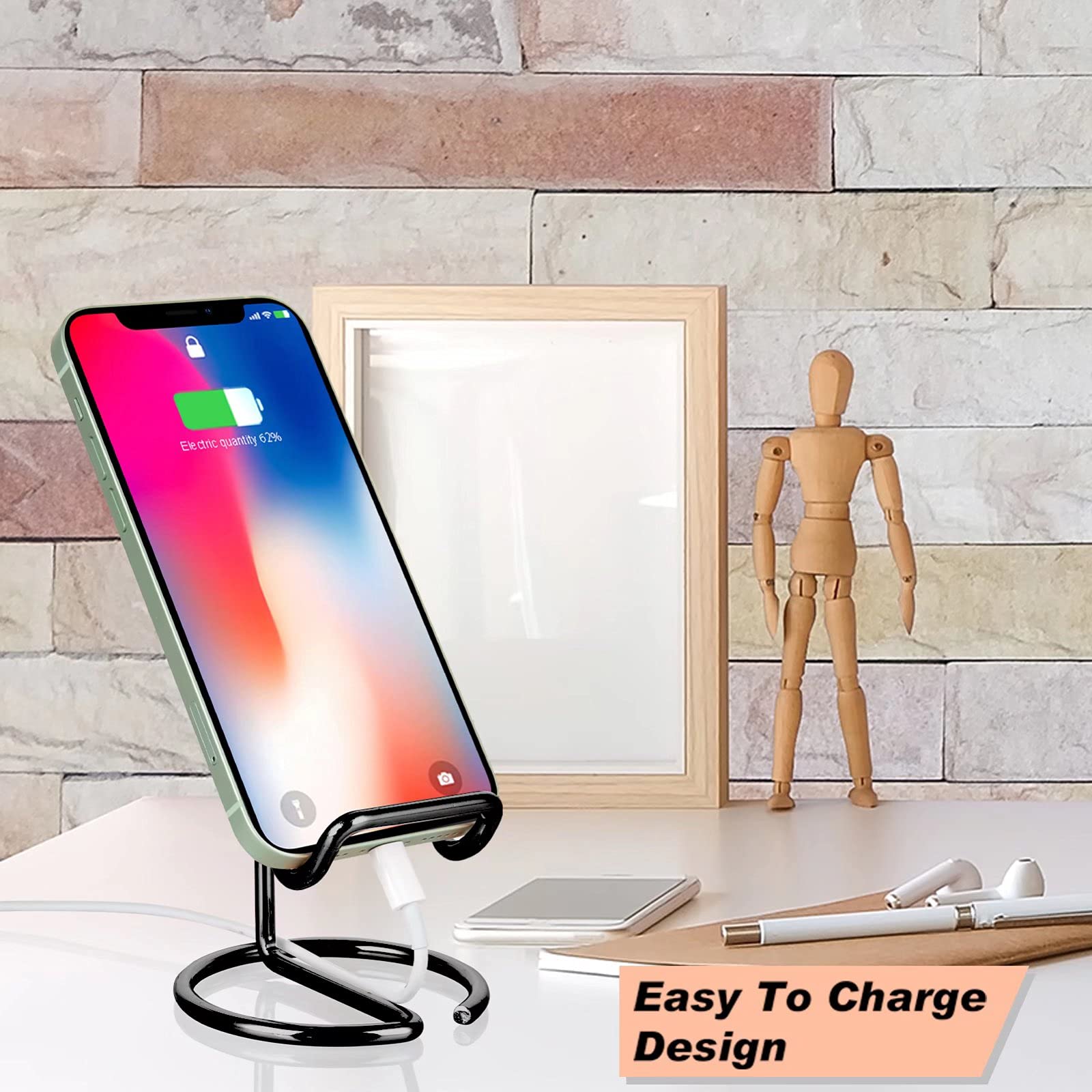 ROPOSY Cell Phone Stand for Desk, Cute Metal Black Cell Phone Stand Holder Desk Accessories, Compatible with All Mobile Phones, iPhone, iPad