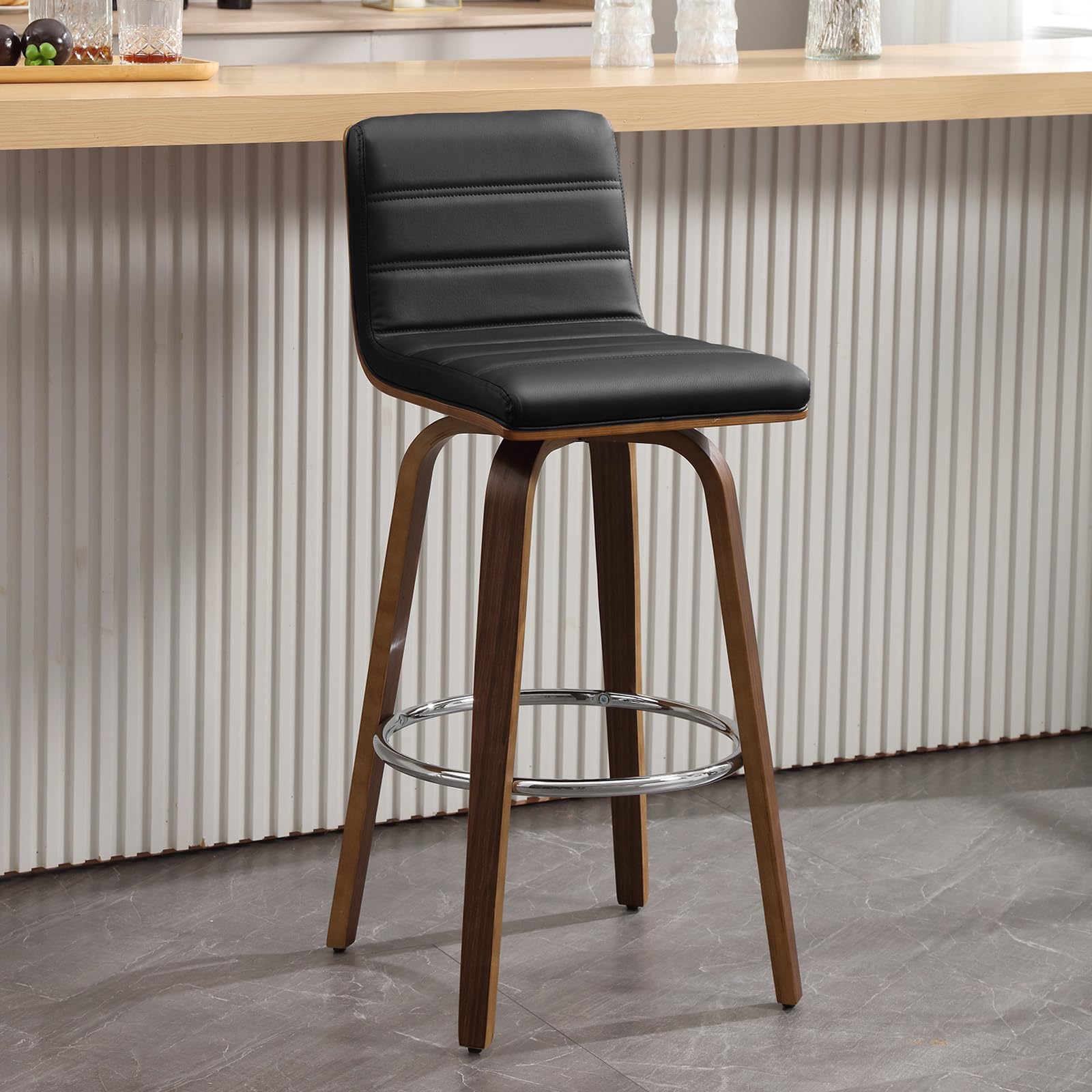 Bar Stools 29 Inch Bar Height, Swivel Bar Stools with Backs Upholstered PU Leather Barstool, L Shape Back and Padded Seat, Mid-Century Modern Bar Stool Pub Chairs for Kitchen Counter Island, Black