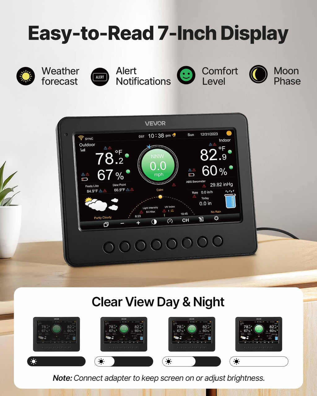 VEVOR 5-in-1 Wireless Weather Station, 7.5-Inch VA Display, Solar Powered Outdoor Sensor, Rain Gauge, Indoor Outdoor for Weather Forecast, Temperature, Humidity, Wind Speed and Direction (No WiFi)