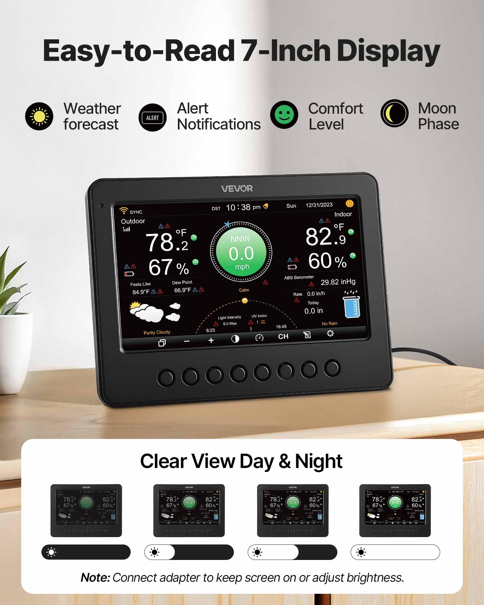 VEVOR 5-in-1 Wireless Weather Station, 7.5-Inch VA Display, Solar Powered Outdoor Sensor, Rain Gauge, Indoor Outdoor for Weather Forecast, Temperature, Humidity, Wind Speed and Direction (No WiFi)