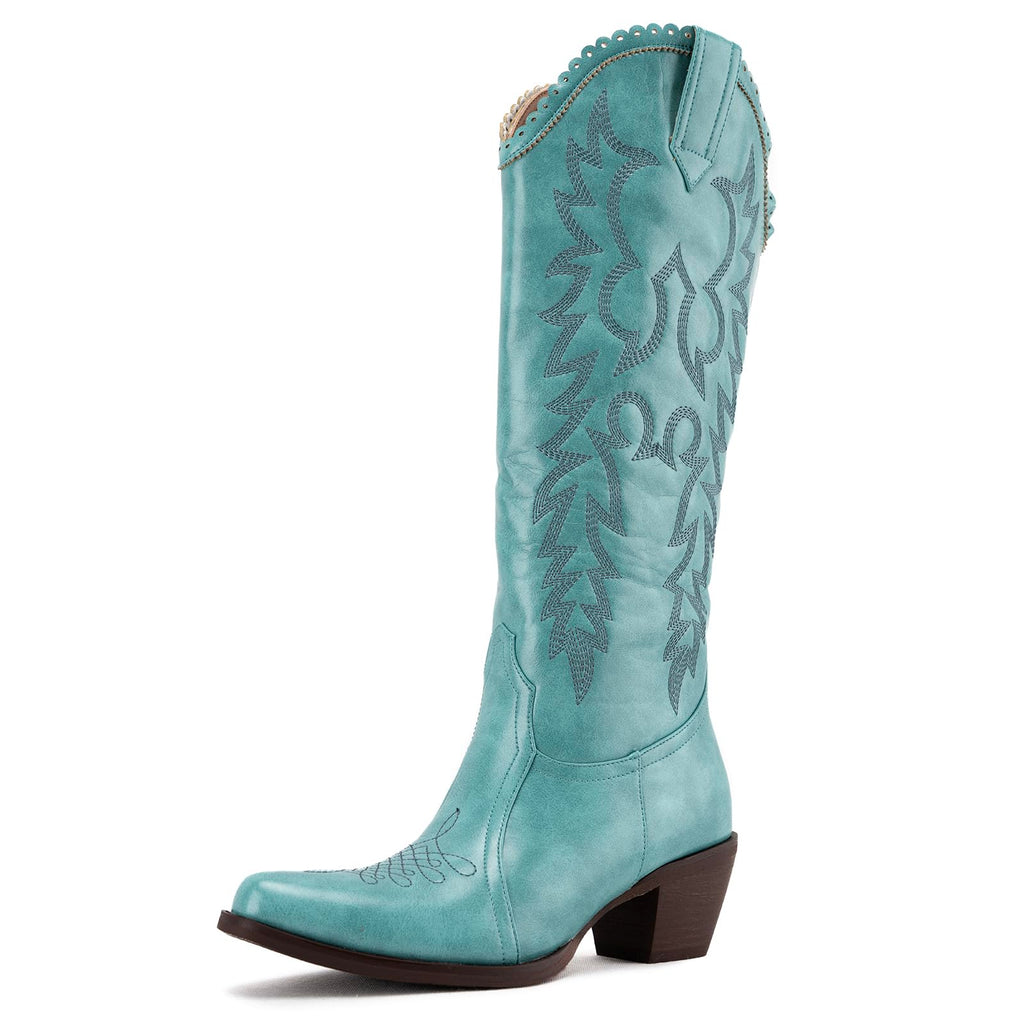 GORBINETI Women Cowboy Boots Mid Calf Cowgirl Western Boots Embroidered Suede Pull On Almond Toe Chunky Heel