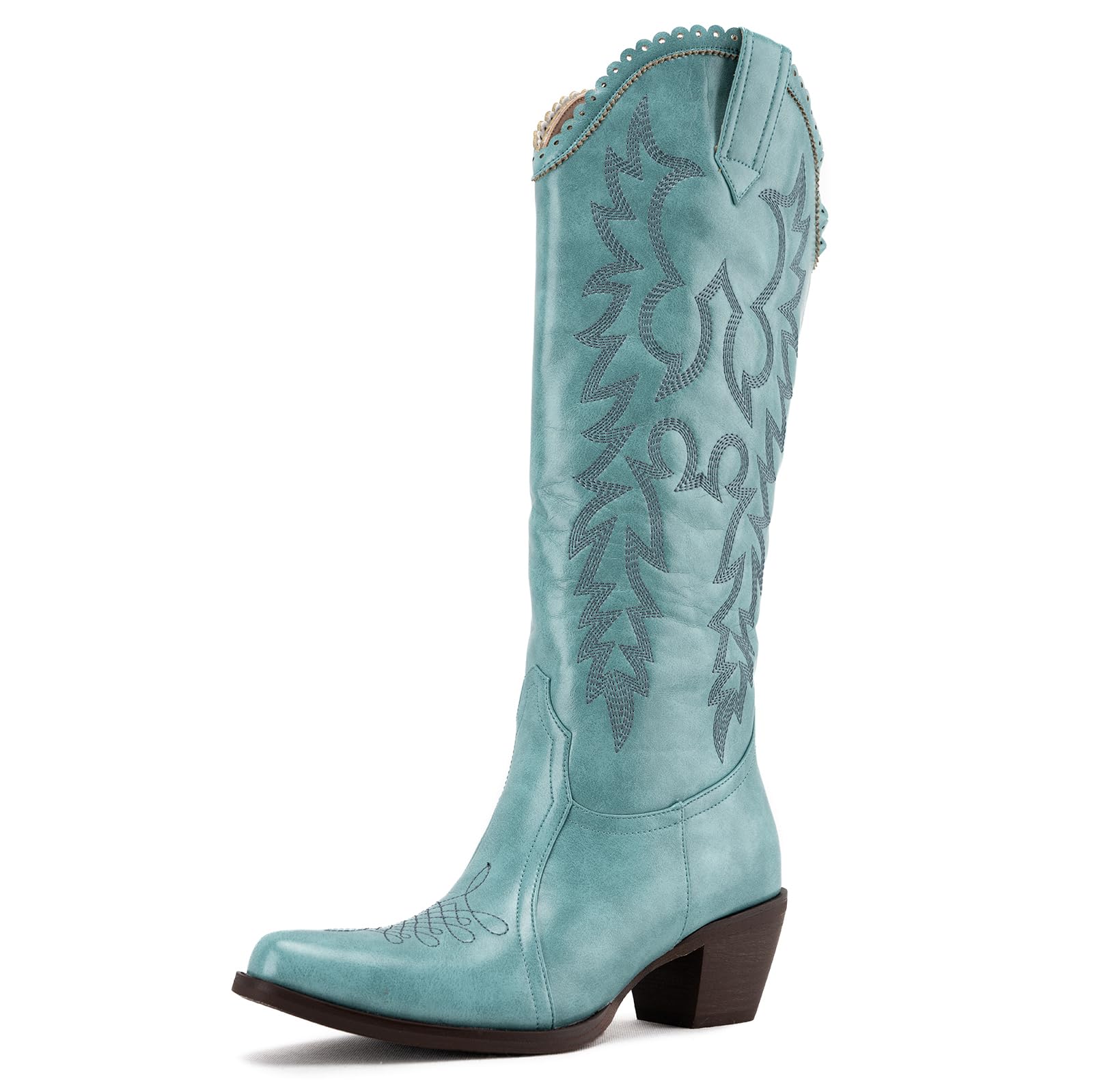 GORBINETI Women Cowboy Boots Mid Calf Cowgirl Western Boots Embroidered Suede Pull On Almond Toe Chunky Heel