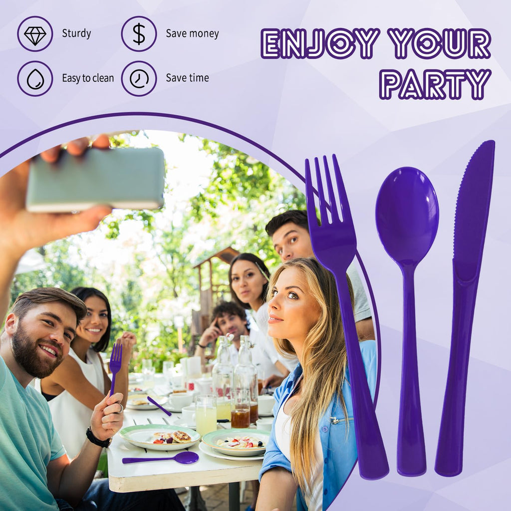150 Pack Plastic Silverware,Disposable Cutlery Set Heavy Duty Utensil Sets 50 Forks 50 Knives 50 Spoons for Brithday, Wedding,Home School Party Picnics Restaurant Outdoor Events (Black)