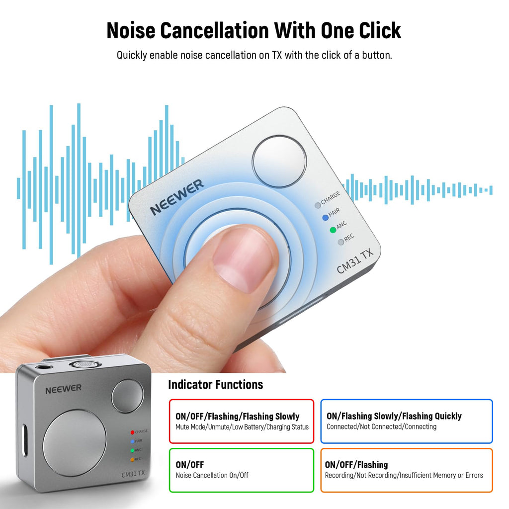 NEEWER CM28 Wireless Lavalier Microphone System, 1 Click Noise Canceling, 4GB Storage for 9Hrs of 48KHz 16 Bit Uncompressed Audio, Lapel Mic Compatible with iPhone/Android/PC/Camera/iPad