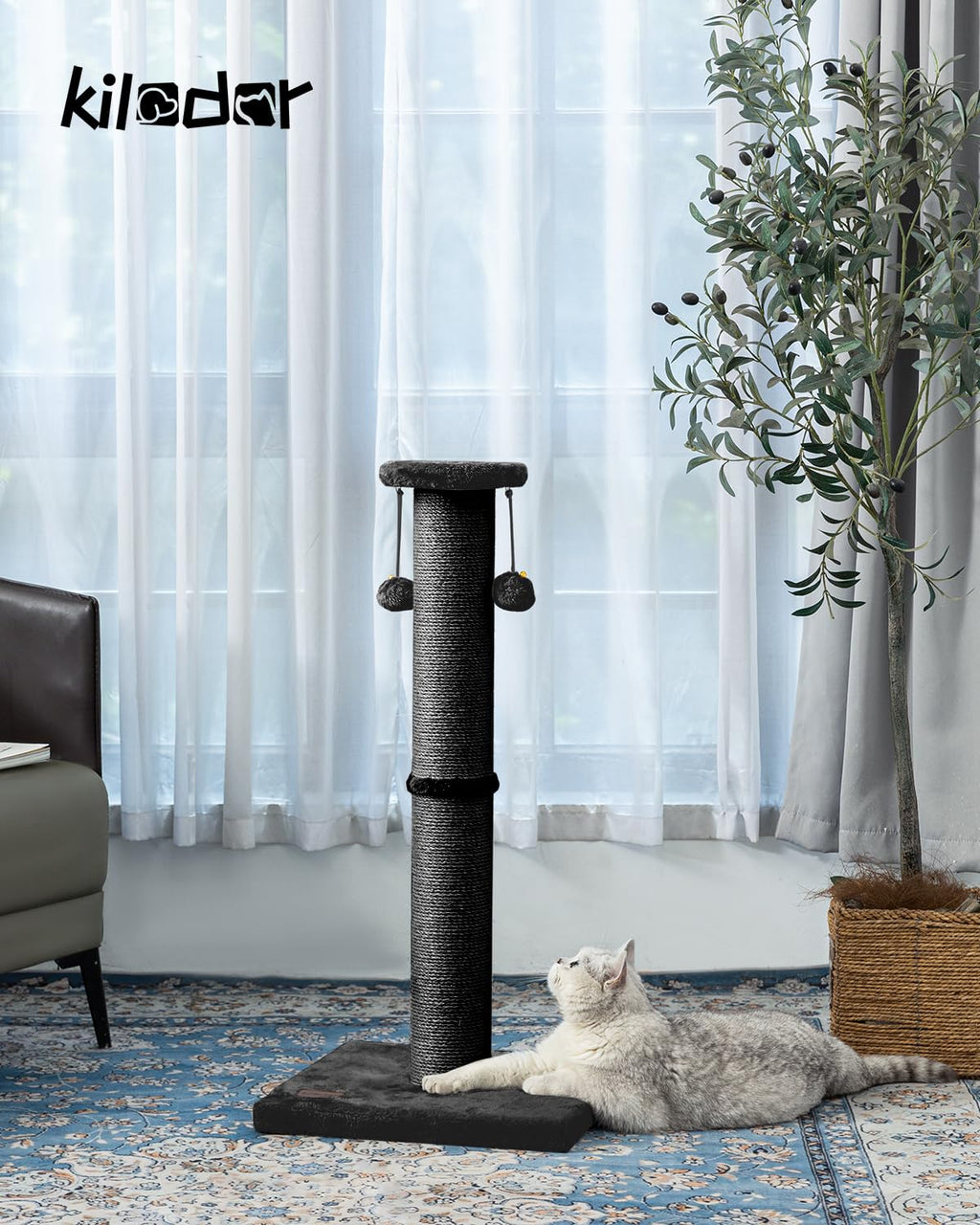 34Inch Tall Cat Scratching Post,4.3Inch Diameter Large Sisal Cat Scratch Post with Ball, Sturdy and Durable Cat Scratcher for Indoor Cats Adults Black