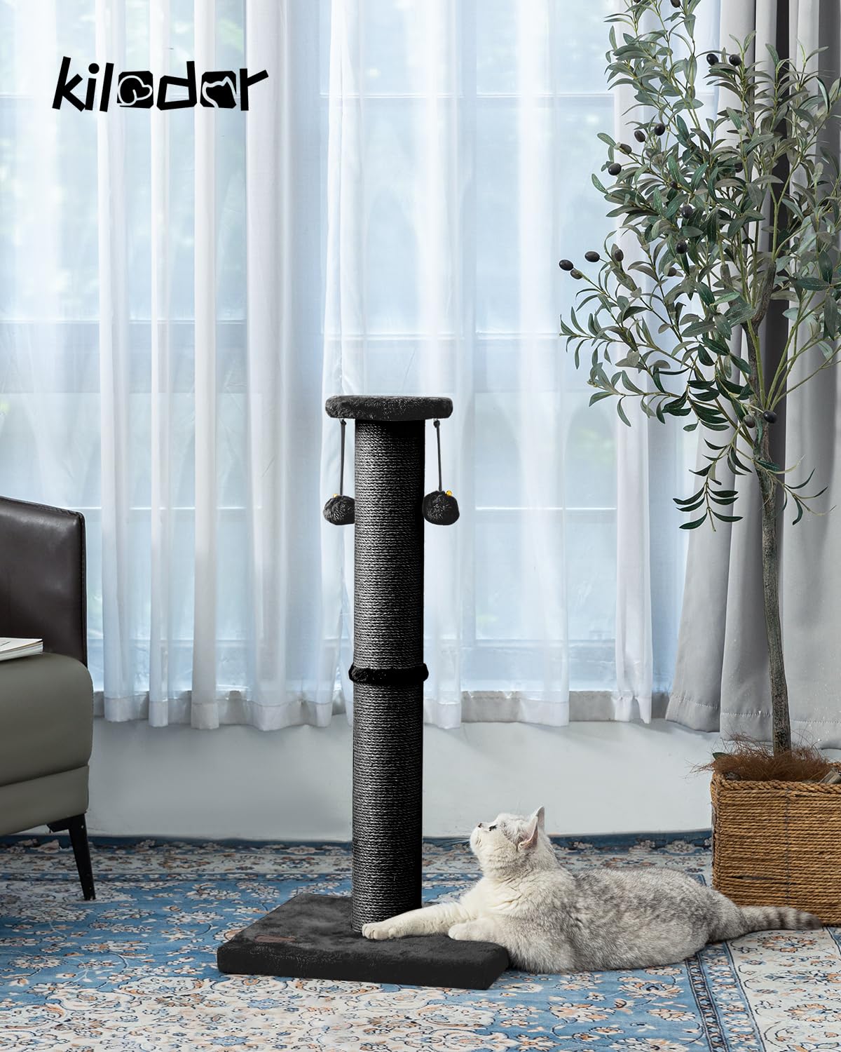 34Inch Tall Cat Scratching Post,4.3Inch Diameter Large Sisal Cat Scratch Post with Ball, Sturdy and Durable Cat Scratcher for Indoor Cats Adults Black